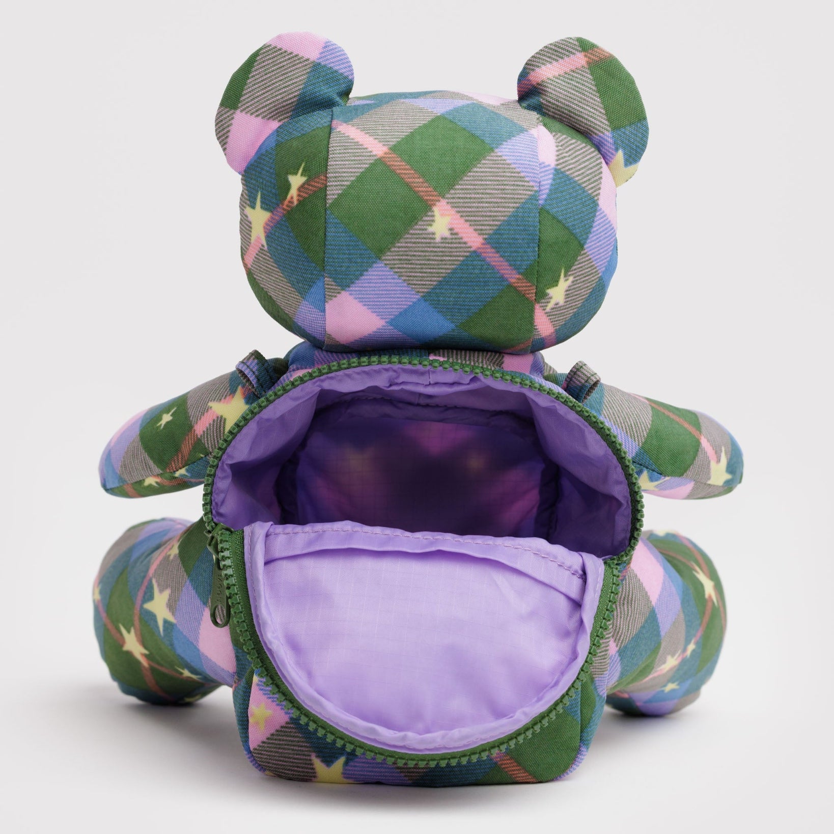 Plaid-patterned bear-shaped bag with back zip pouch open purple interior.