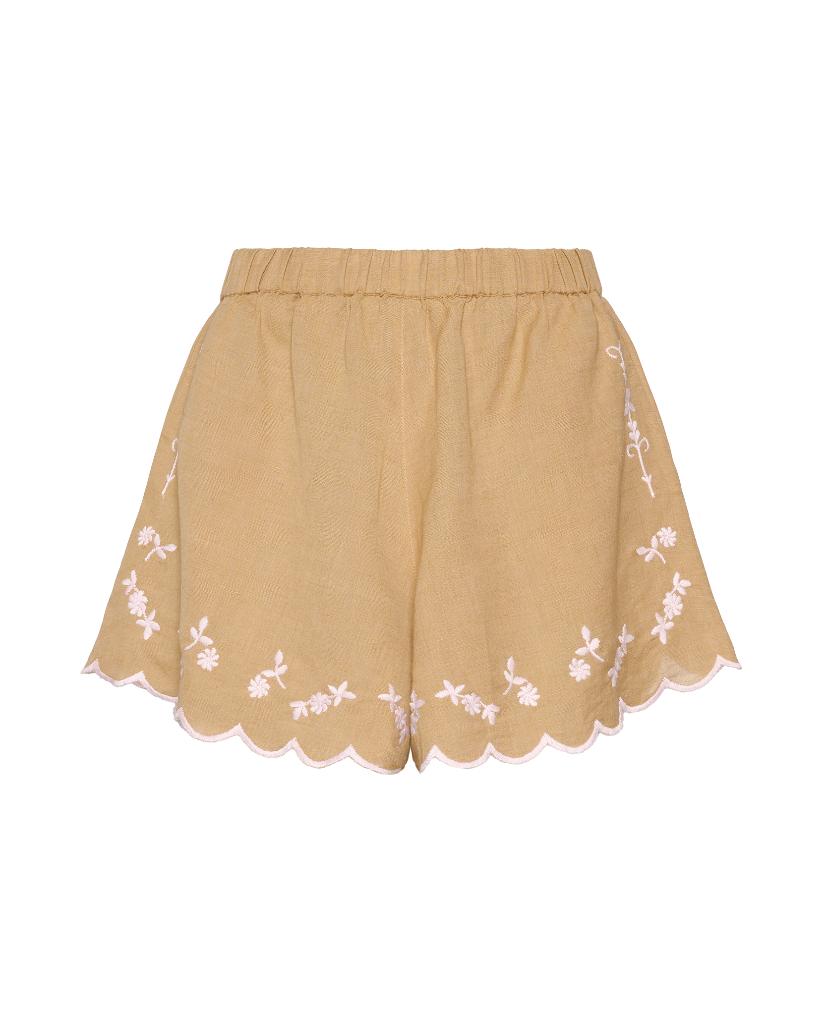 front-of-light-hazel-shorts-with-bone-hem-stitching-of-scallops-and-embroidered-florals