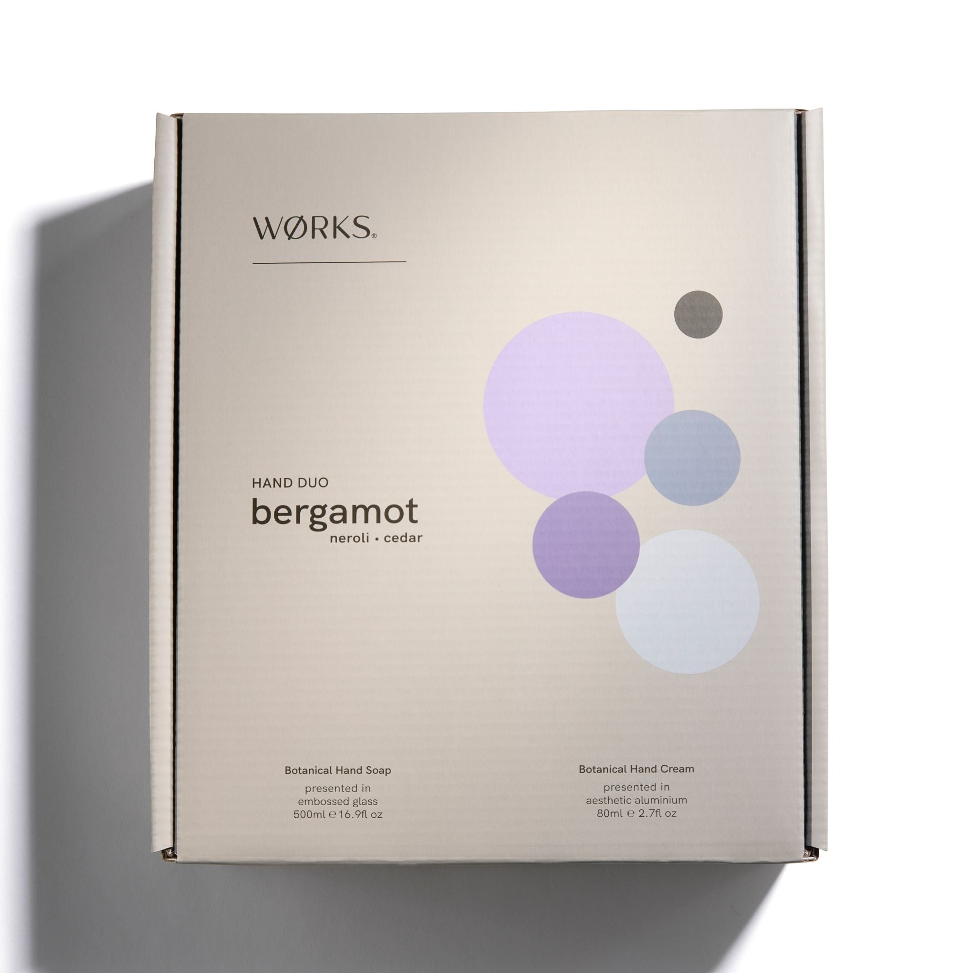 Grey box product packaging for 'Works' hand duo with purple circles.