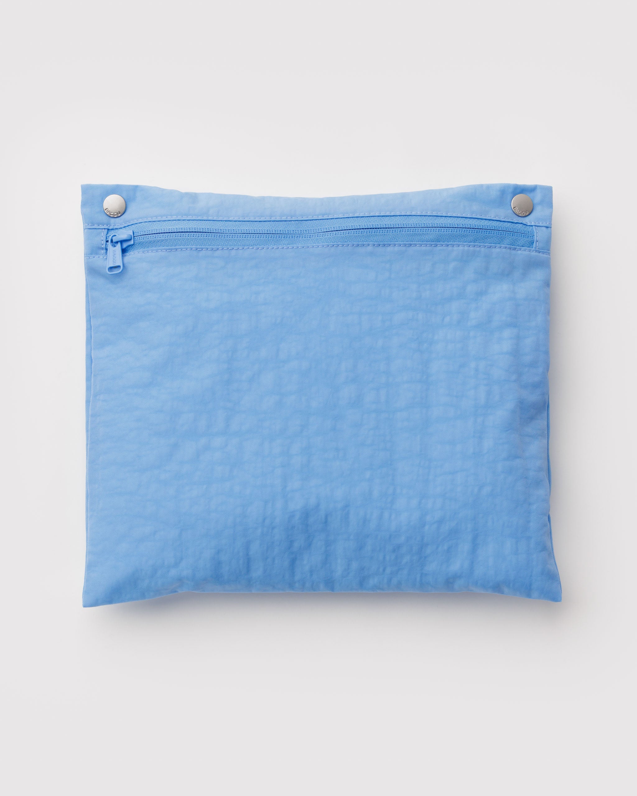 Blue pouch with a zipper and clips