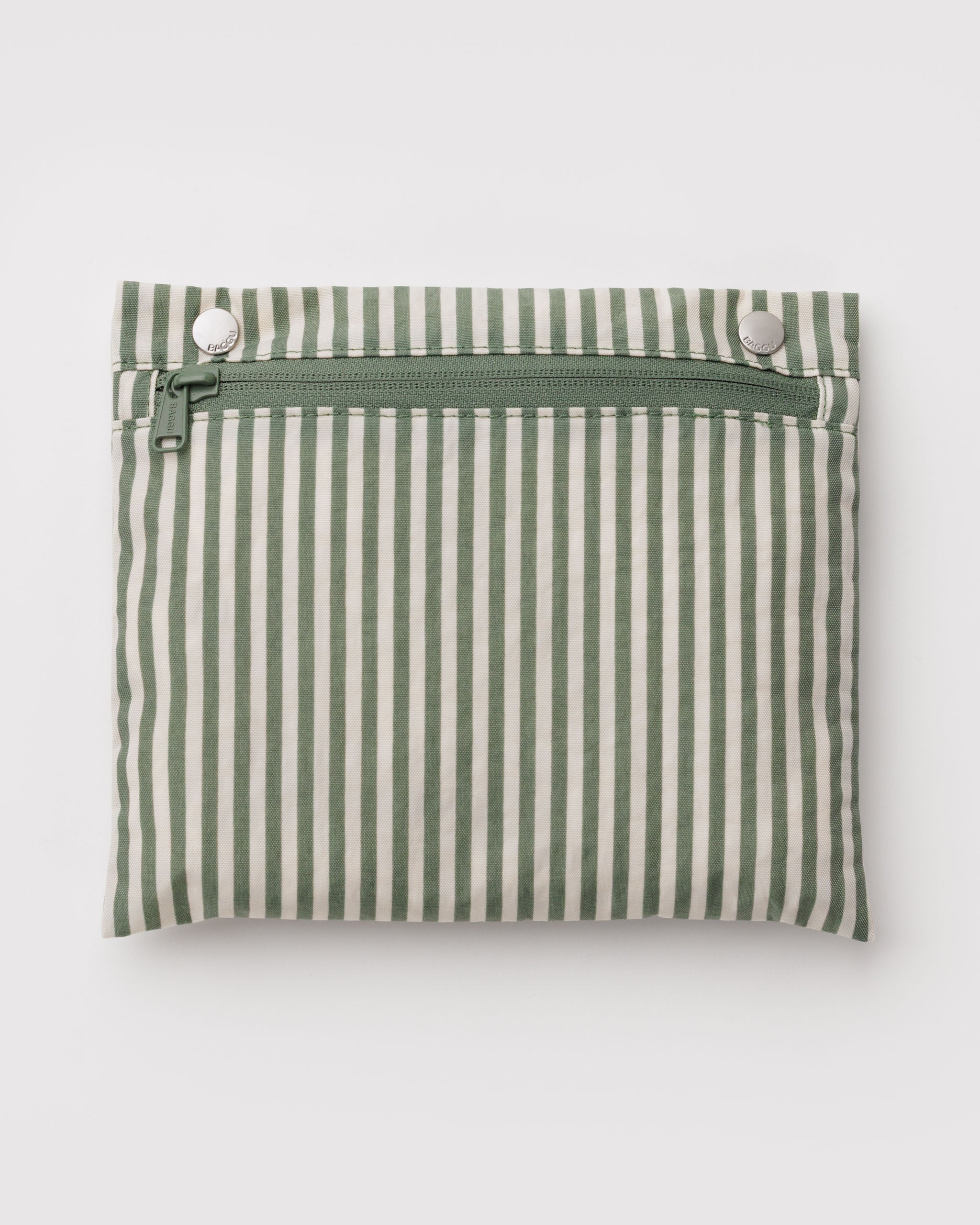 Green and white striped pouch with a zipper