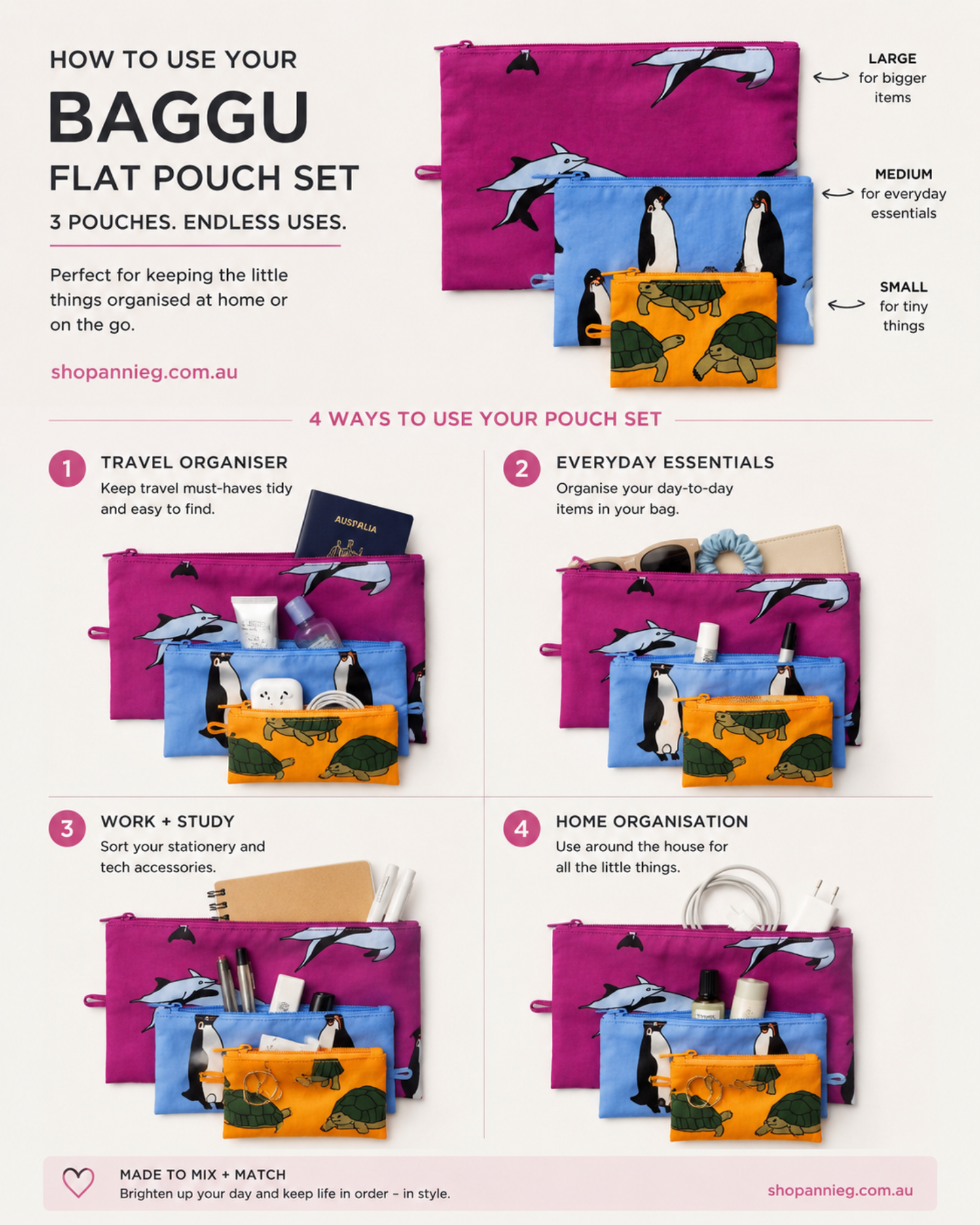 Baggu flat pouch set with penguin design, showing how to use them for travel, everyday essentials, work/study, and home organization.