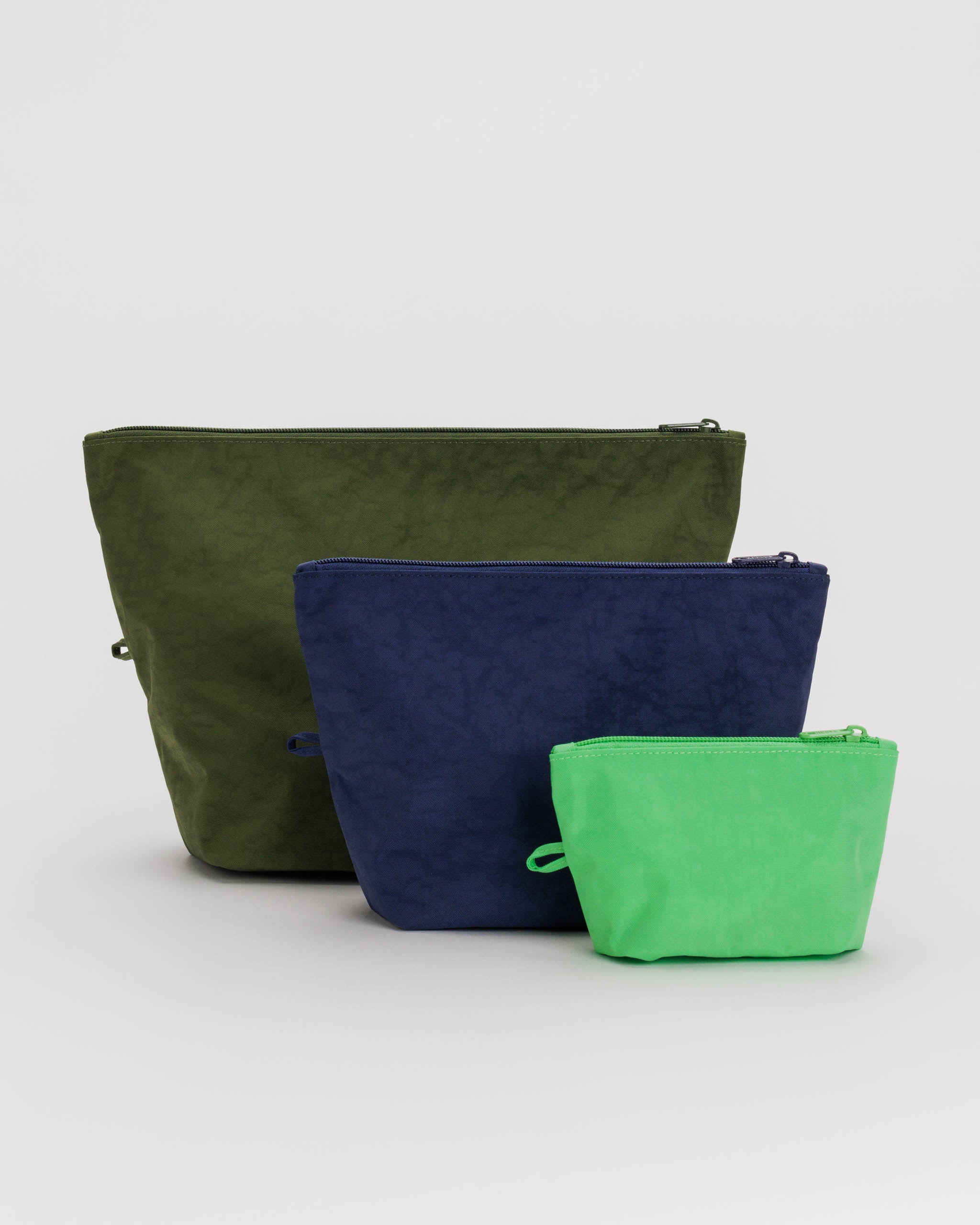 Baggu-Go-Pouch-Set-is-three-sized-zip-pouches-in-green-blue-lime-colours