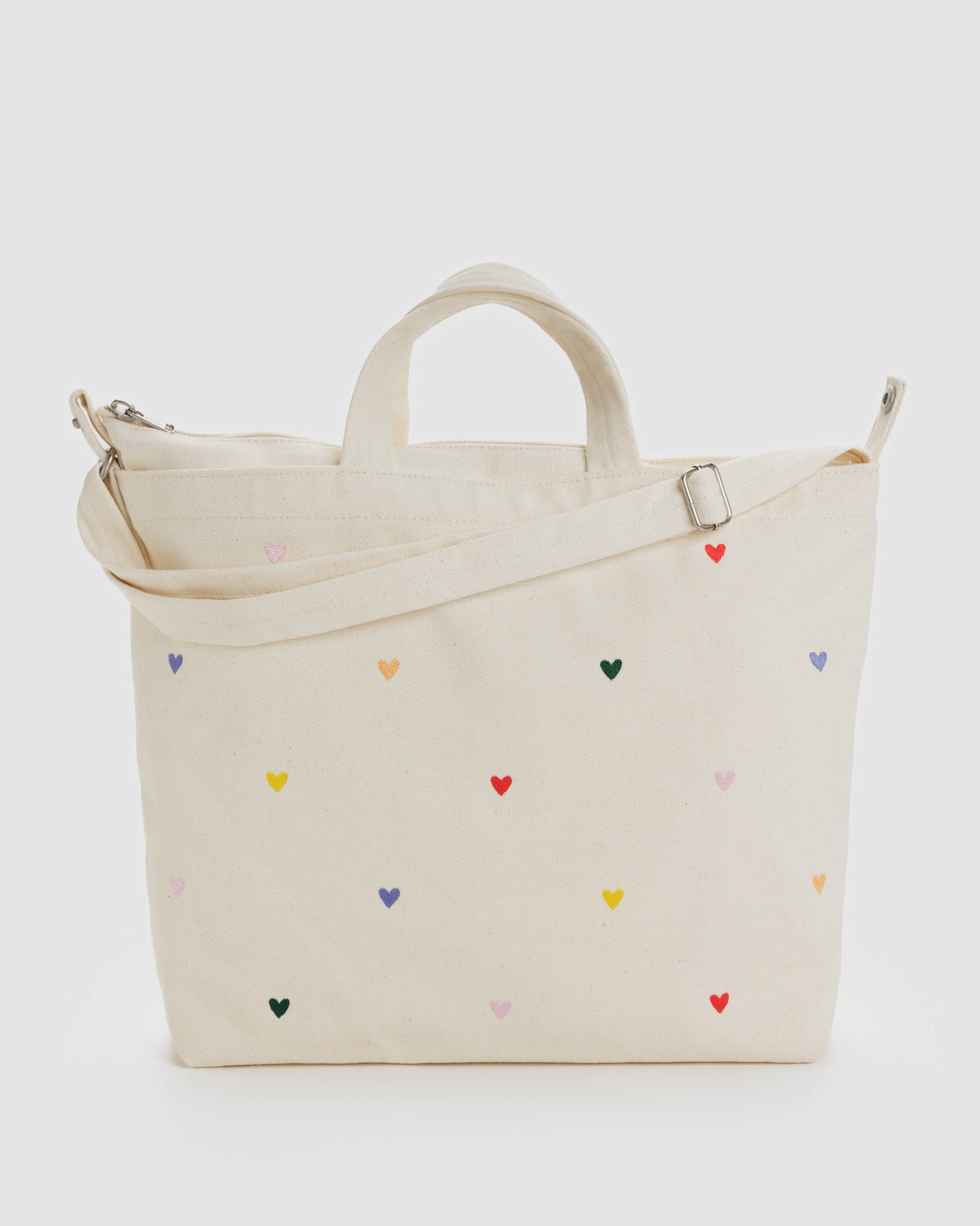 canvas bag with coloured embroidered hearts