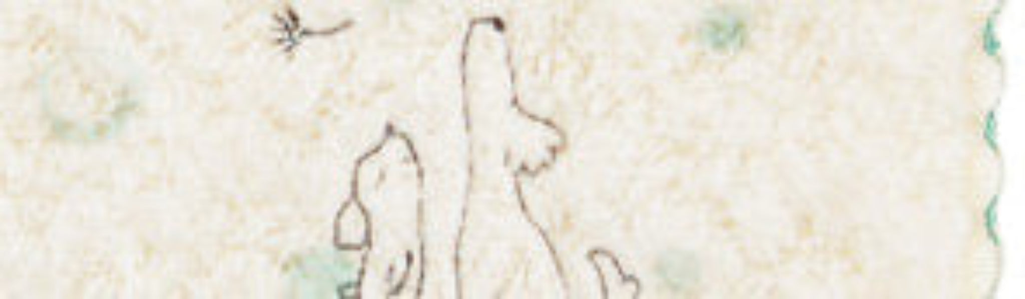 Two embroidered outlines of dogs on a cream washcloth with mint blue dot designs.
