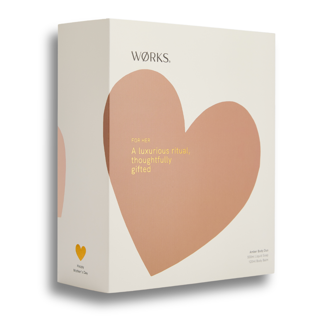 White product packaging sleeve with a brown heart design and 'Works' branding for Mother's Day.