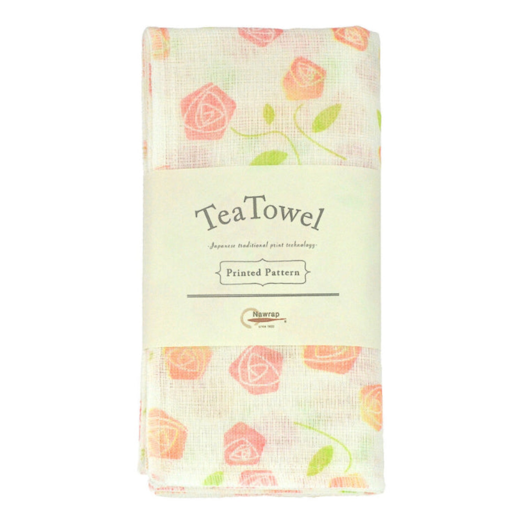 Tea towel with rose floral pattern on a white background folded and wrapped with brand sleeve.