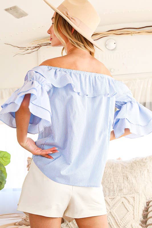 woman-wearing-Off_shoulder-ruffle-short-sleeve-cotton-top-in-blue-and-white-stripe-showing-the-back