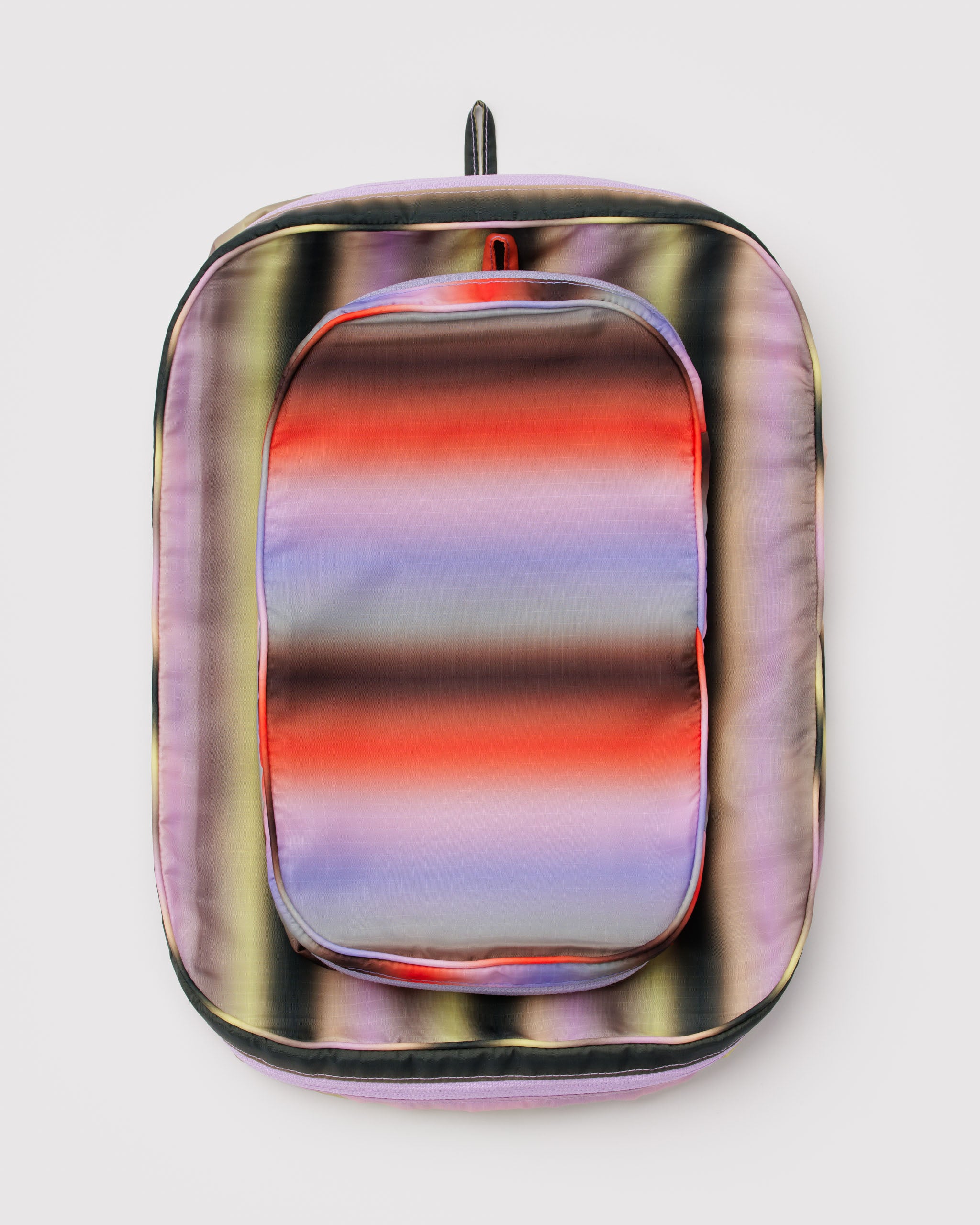 Multicoloured stripe set of 2 packing cubes in a medium and small size with all around zippers and hanging loop.