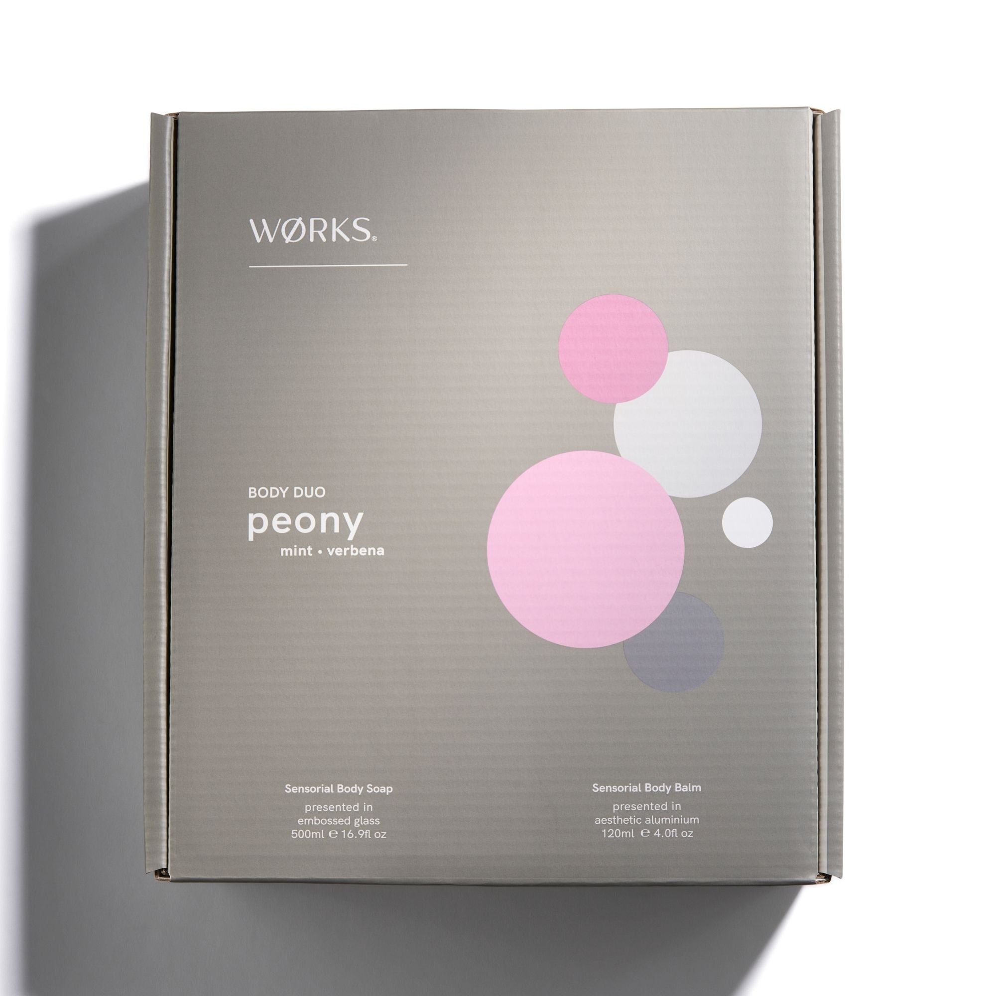 A grey 'Works' brand body duo box packaging with pink circles and peony, mint, verbena text.
