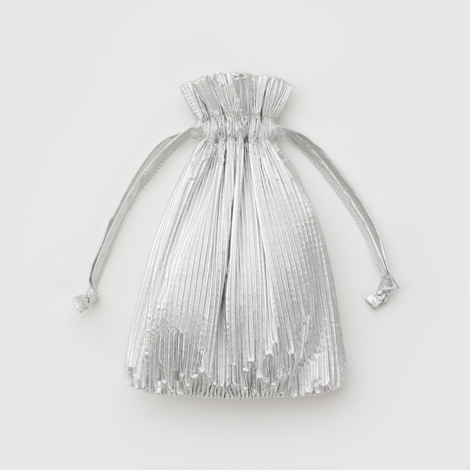 Shiny chrome metallic pleated drawstring bag.