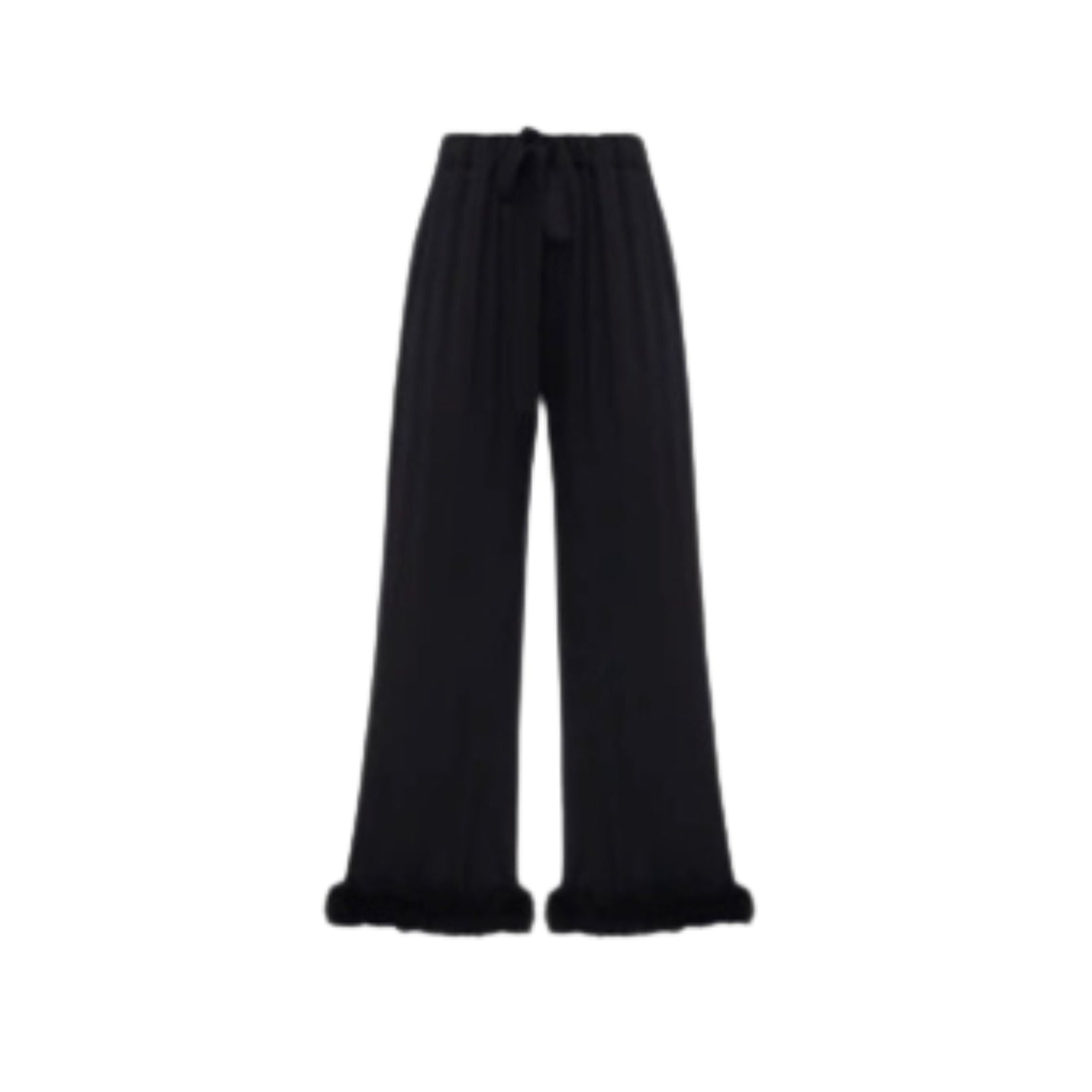 Black pants with black feather trim on cuff and drawstring waist.