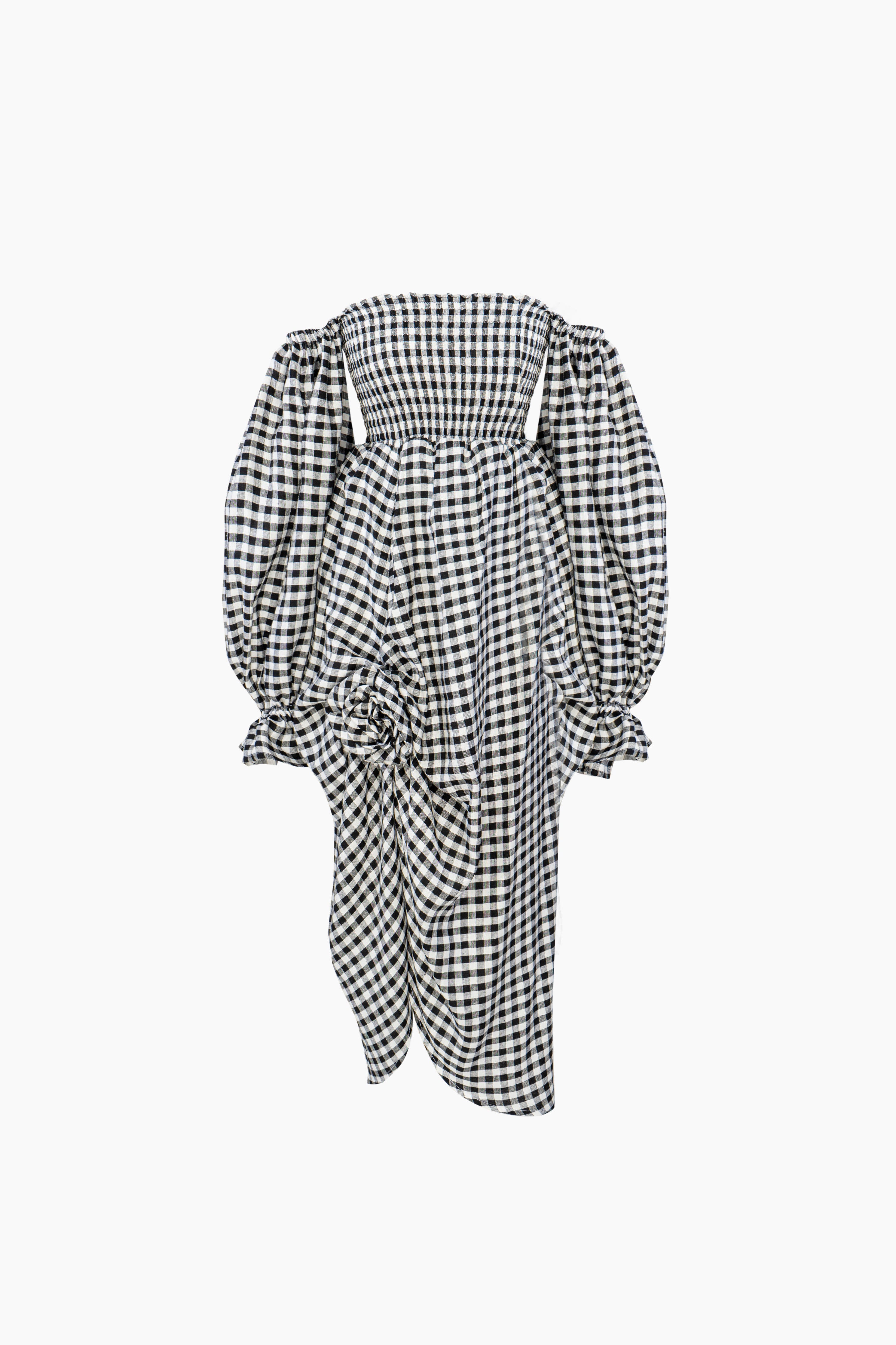 flatlay-of-black-gingham-off-shoulder-dress-with-rose-detail-front-split