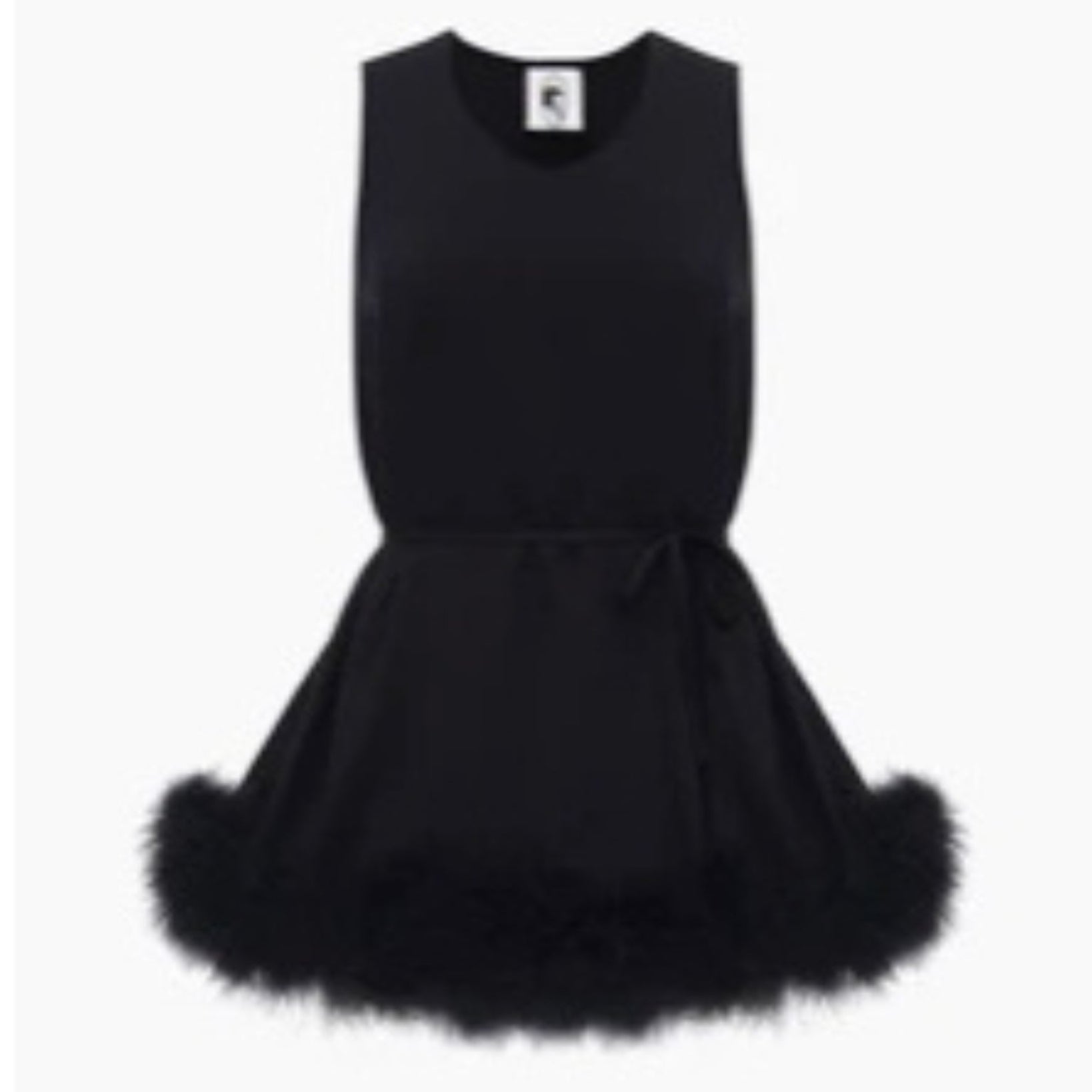 Black sleeveless blouse with feathered hem and tonal belt.