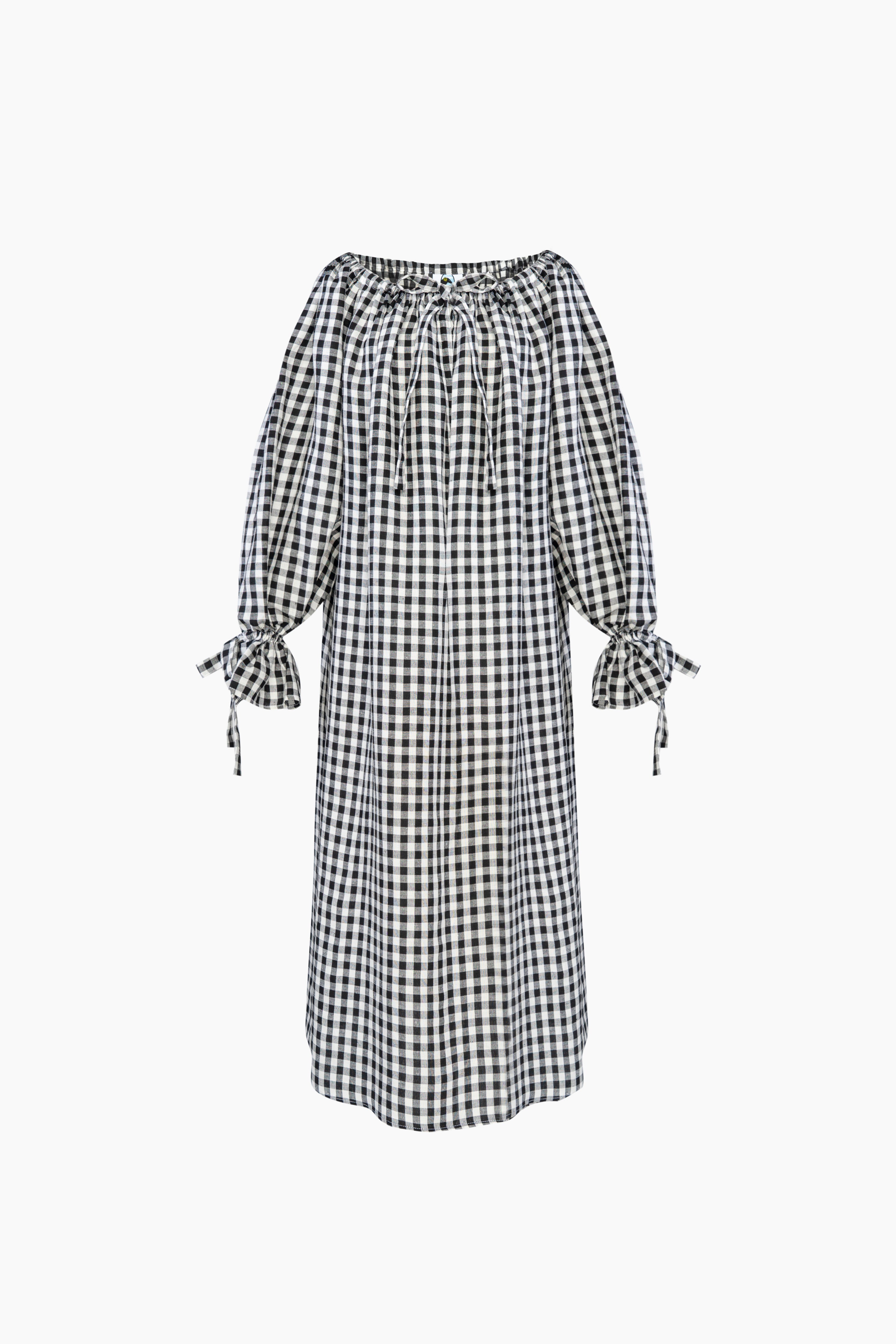 black-gingham-dress-with-long-sleeves -tie-at-neckline-and-sleeve-cuffs-flatlay