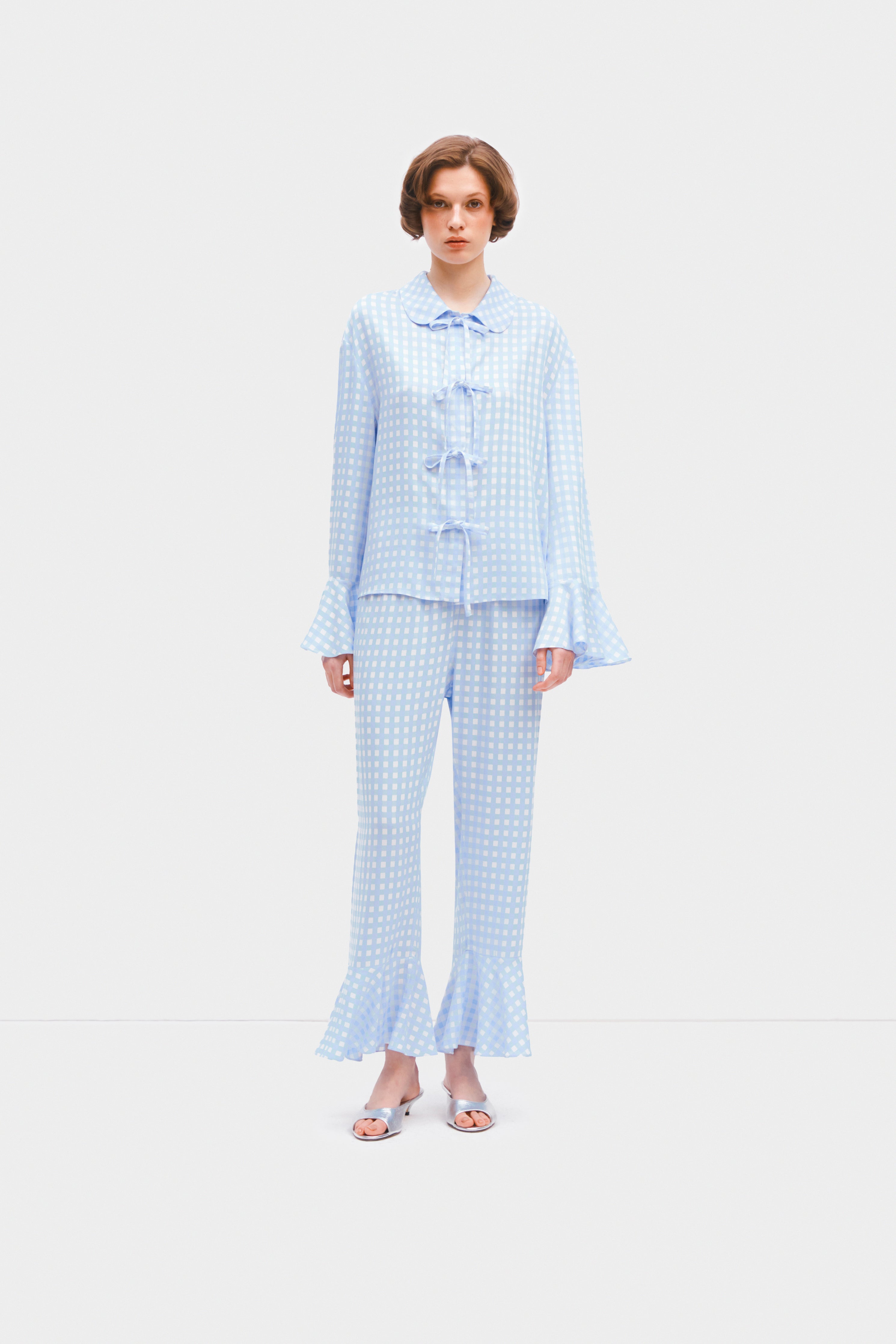 Nebula Pyjama Set with Bow Details in Blue Vichy