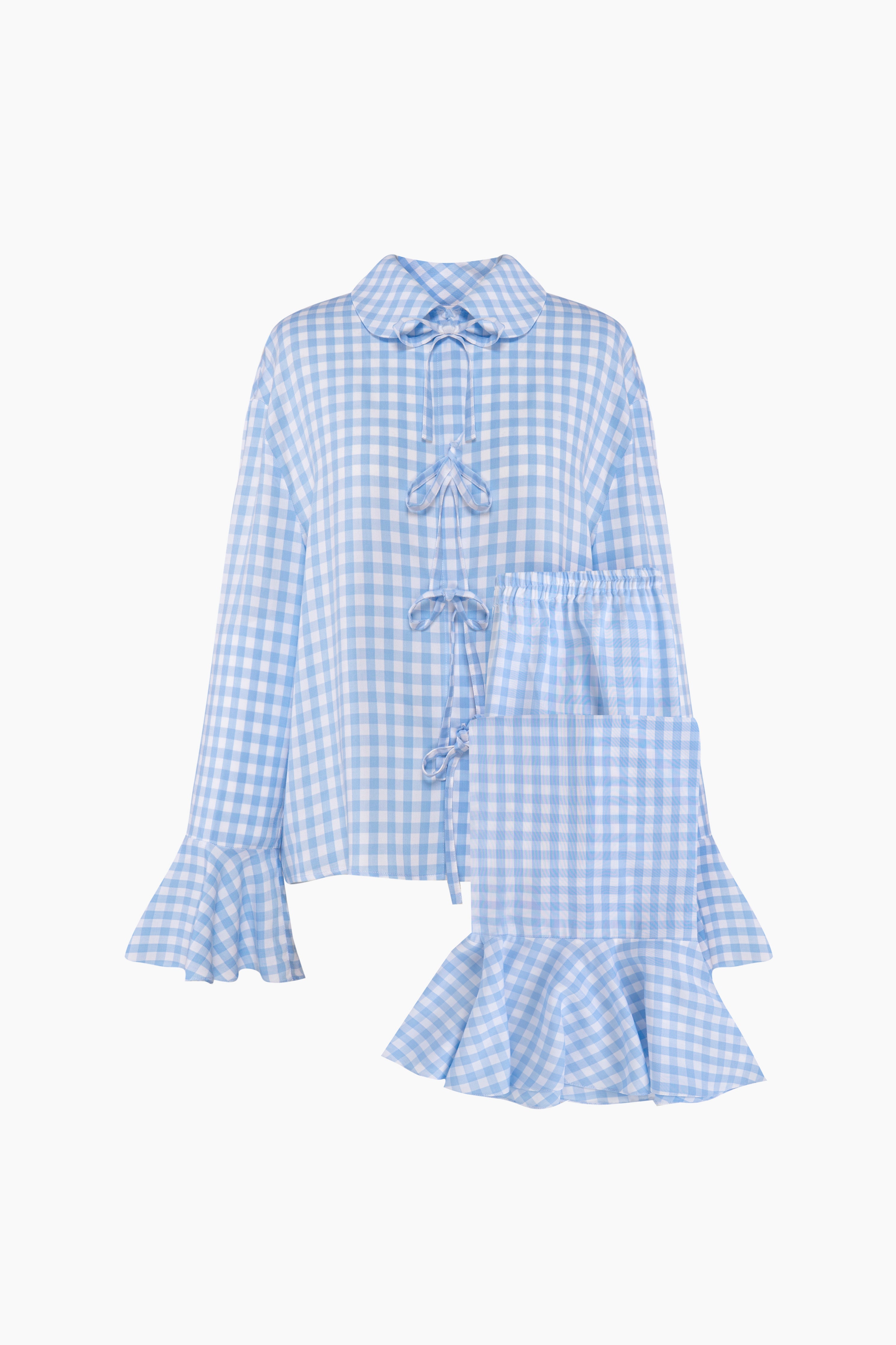 Nebula Pyjama Set with Bow Details in Blue Vichy