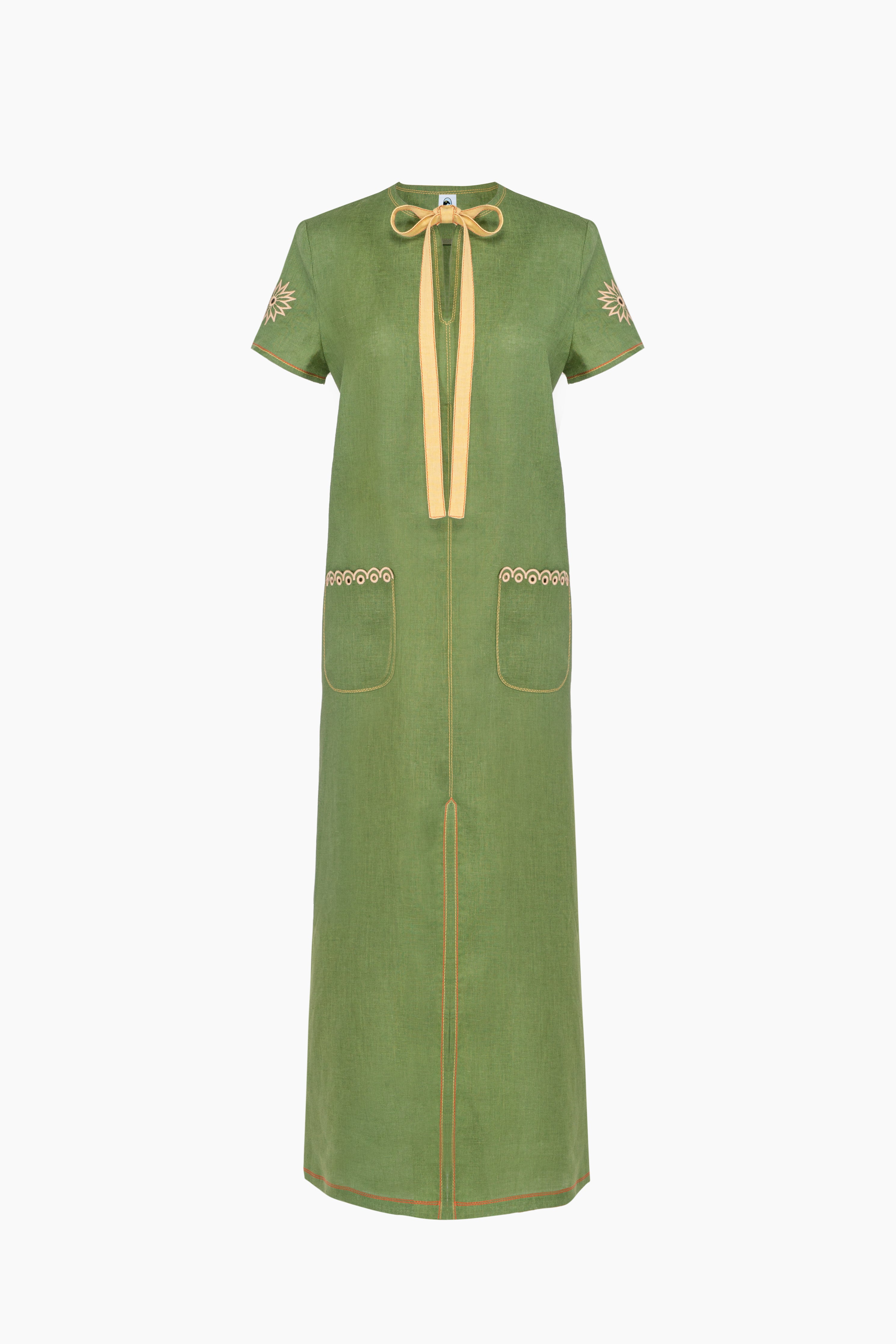 Petra Embroidered Linen Maxi Dress in Green