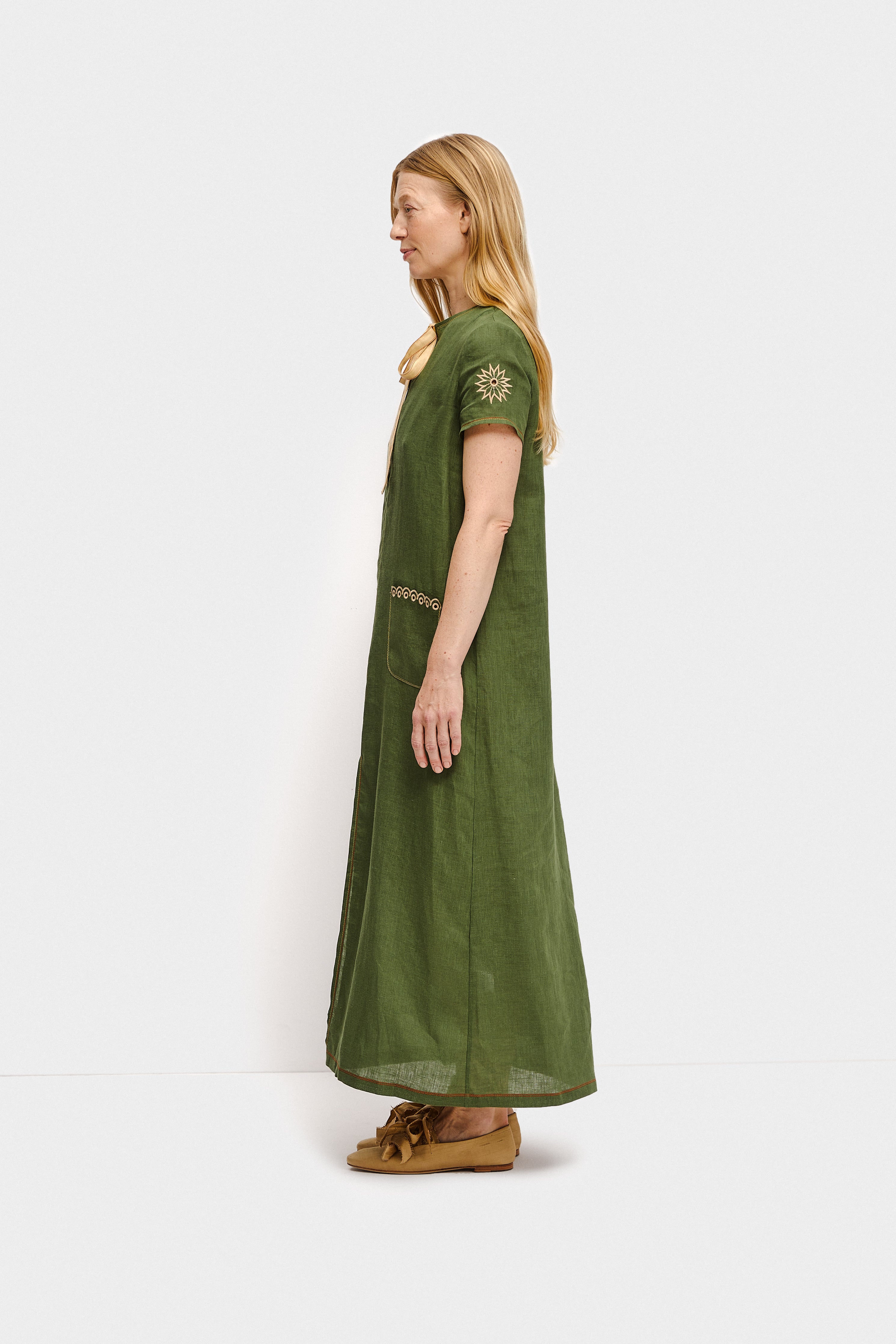 Petra Embroidered Linen Maxi Dress in Green