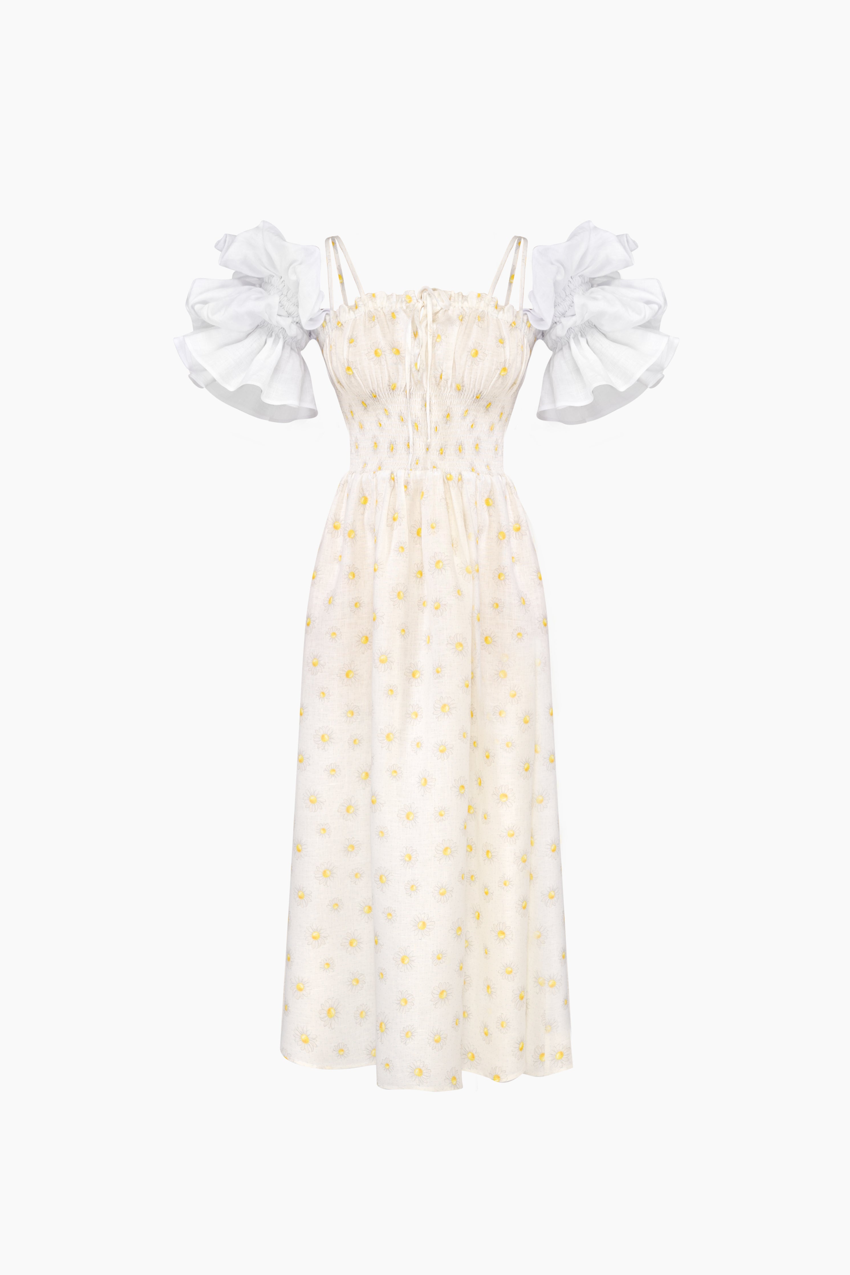 Arle Ruffled Linen Maxi Dress in Daisies