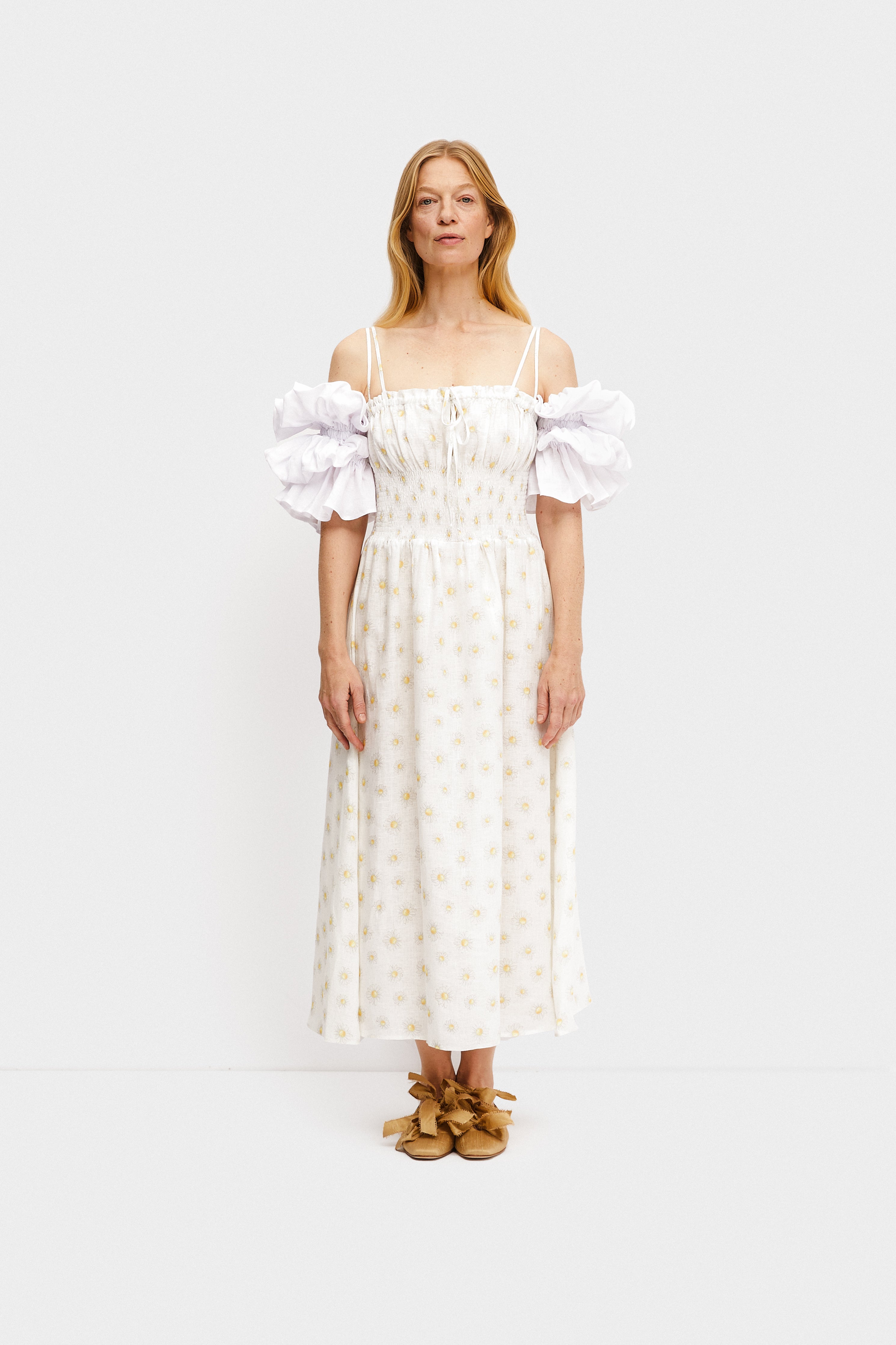 Arle Ruffled Linen Maxi Dress in Daisies