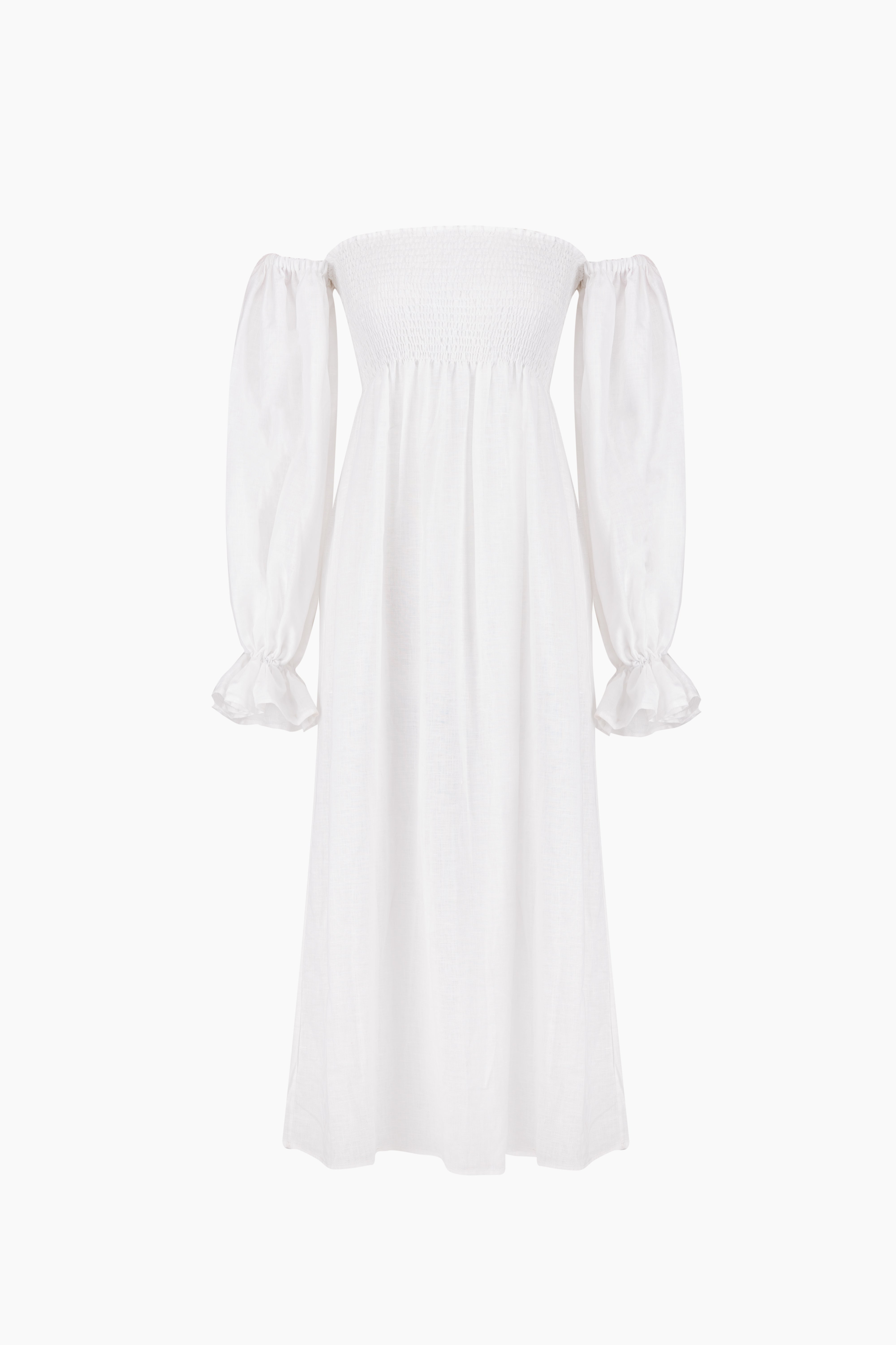 sleeper-atlanta-white-linen-dress-shirred-bodice-and-long-sleeves-flatlay