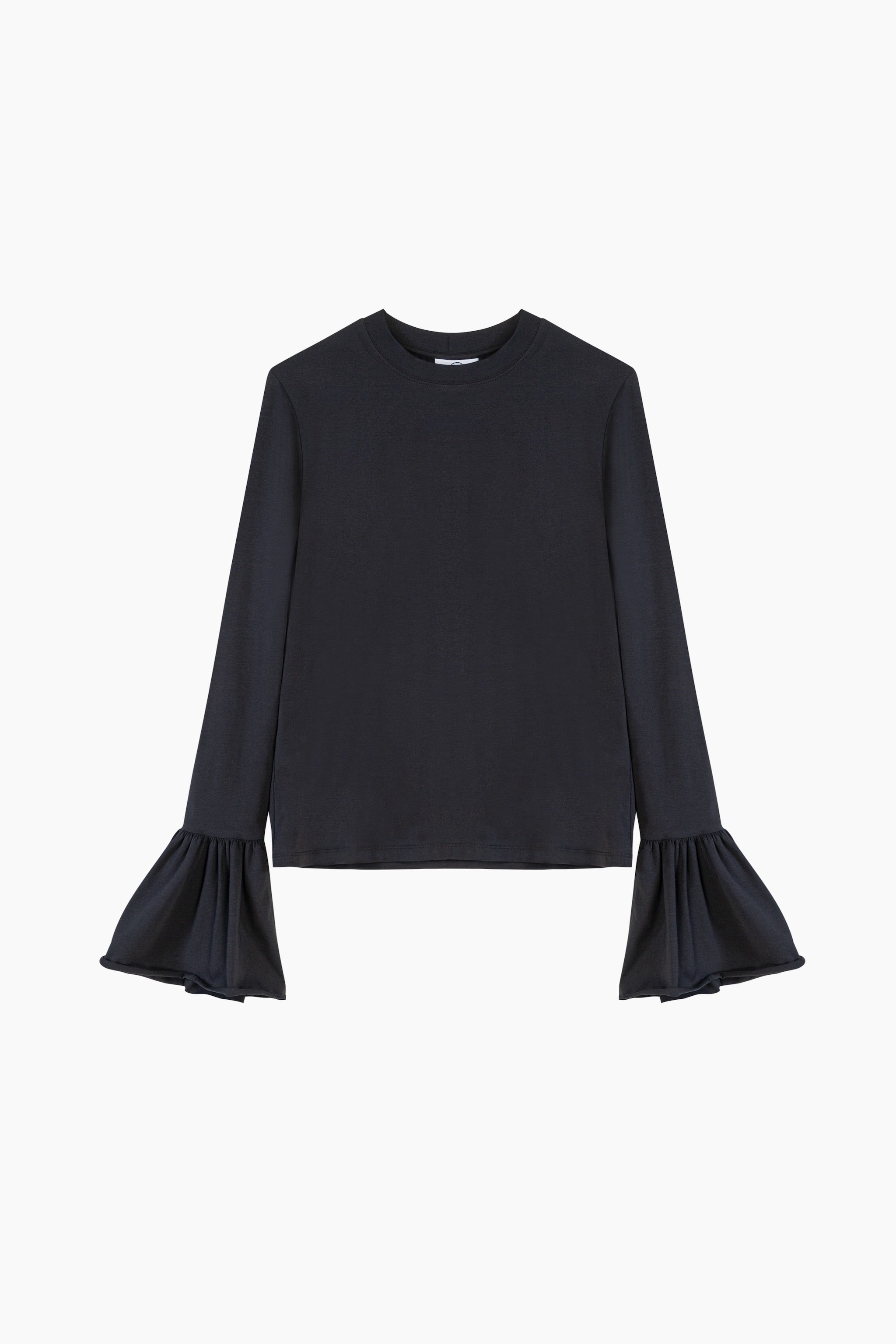 Ruffled Long Sleeve Stretch Cotton Jersey T-shirt in Black