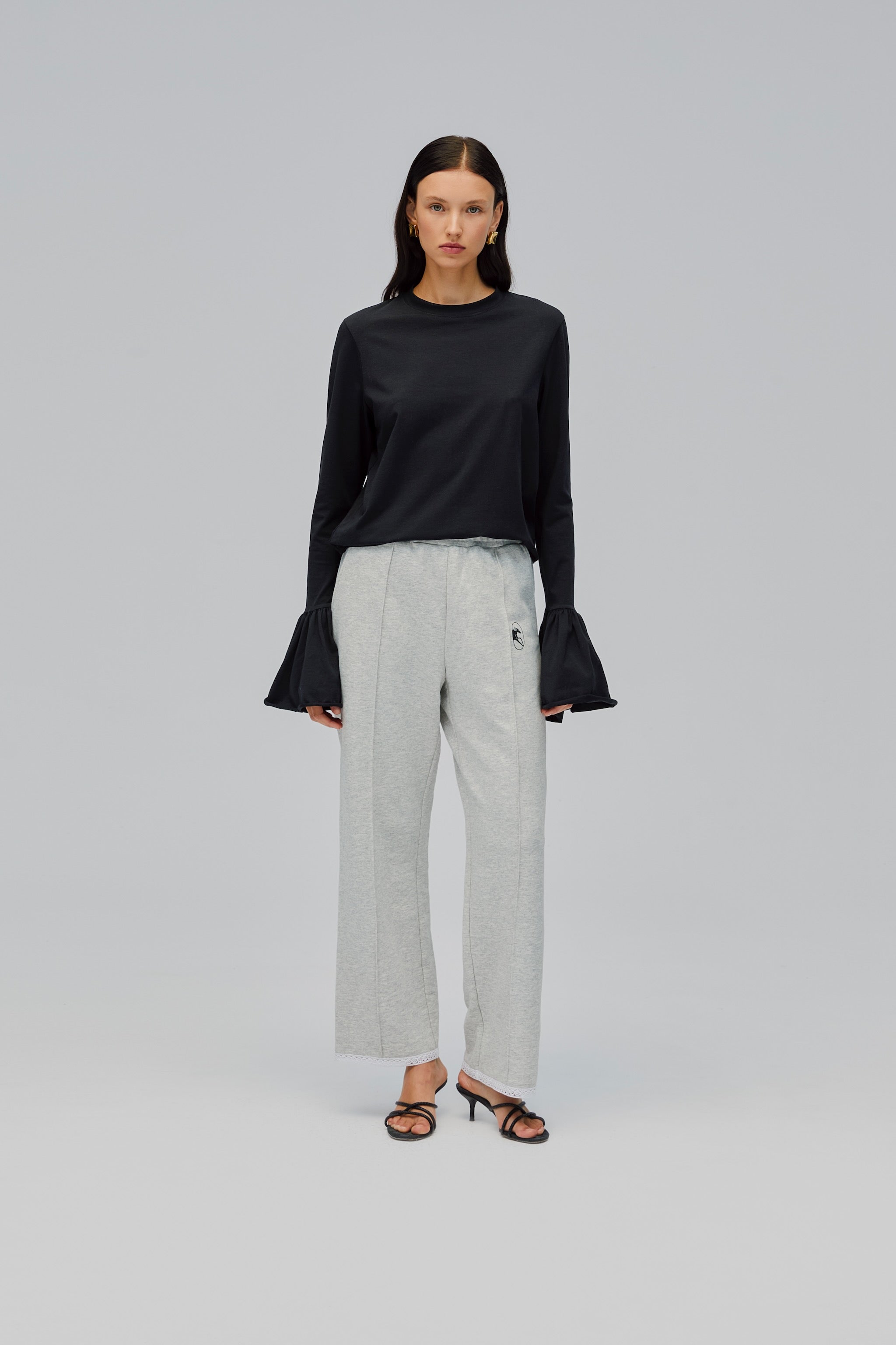 Ruffled Long Sleeve Stretch Cotton Jersey T-shirt in Black