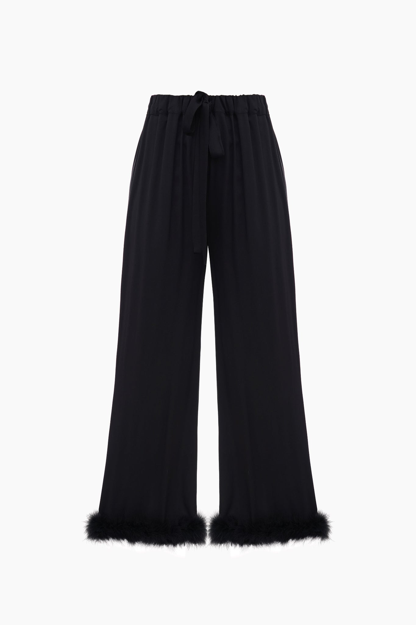Black pants with feather trim an elastic waist and drawcord.