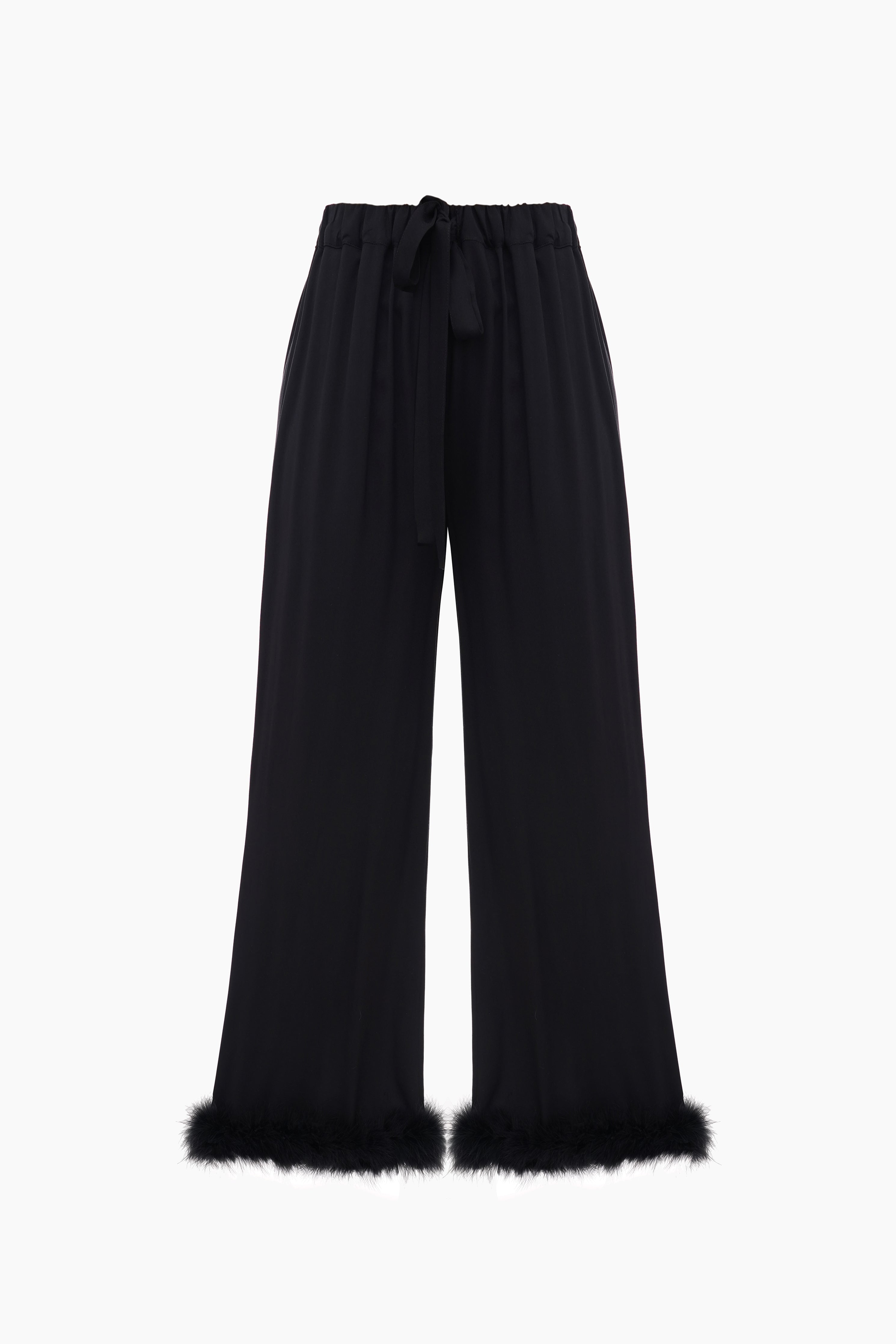 Black pants with feather trim an elastic waist and drawcord.