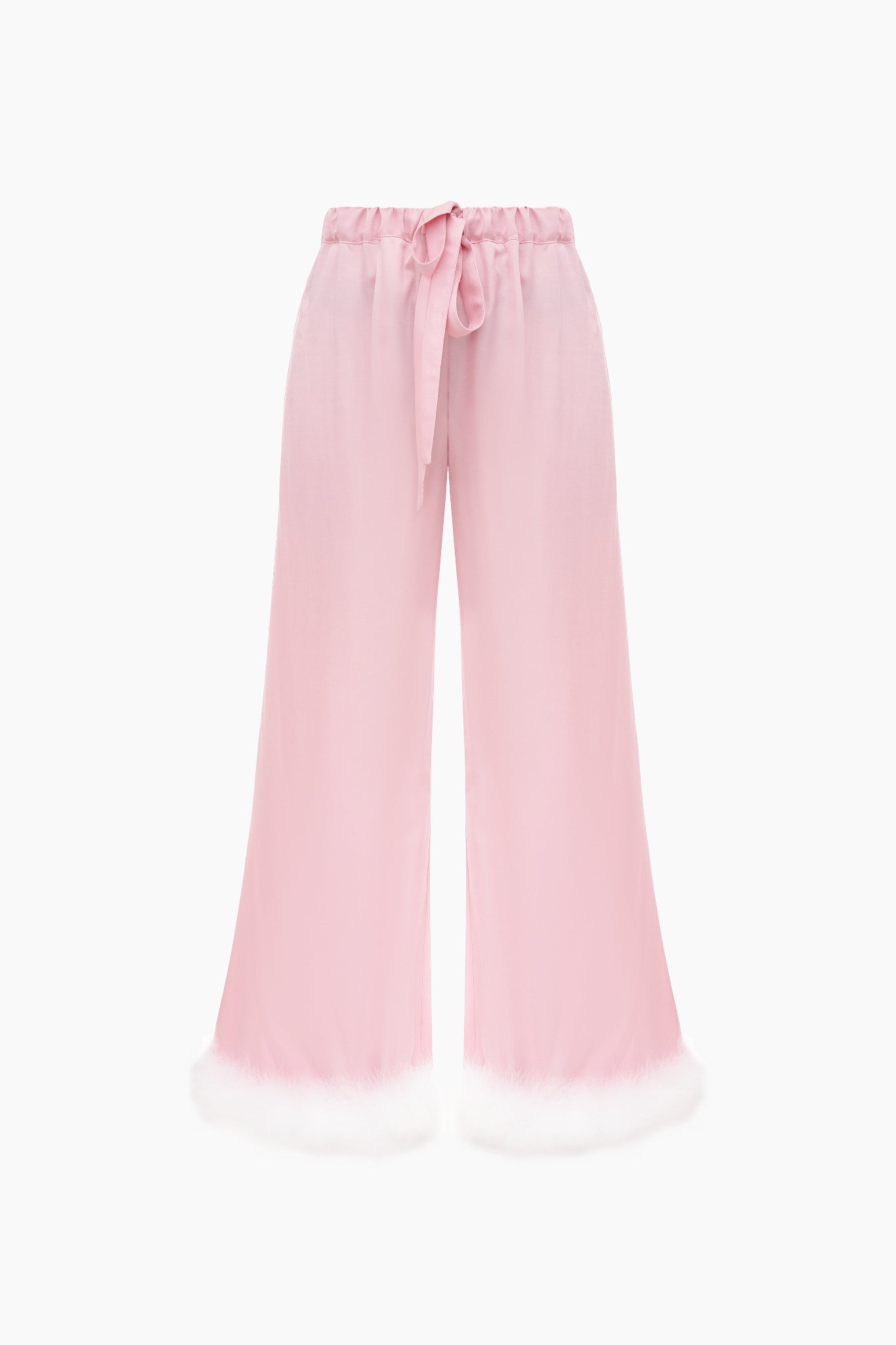 Pink pants with an elastic tie waist and white feather cuffs.