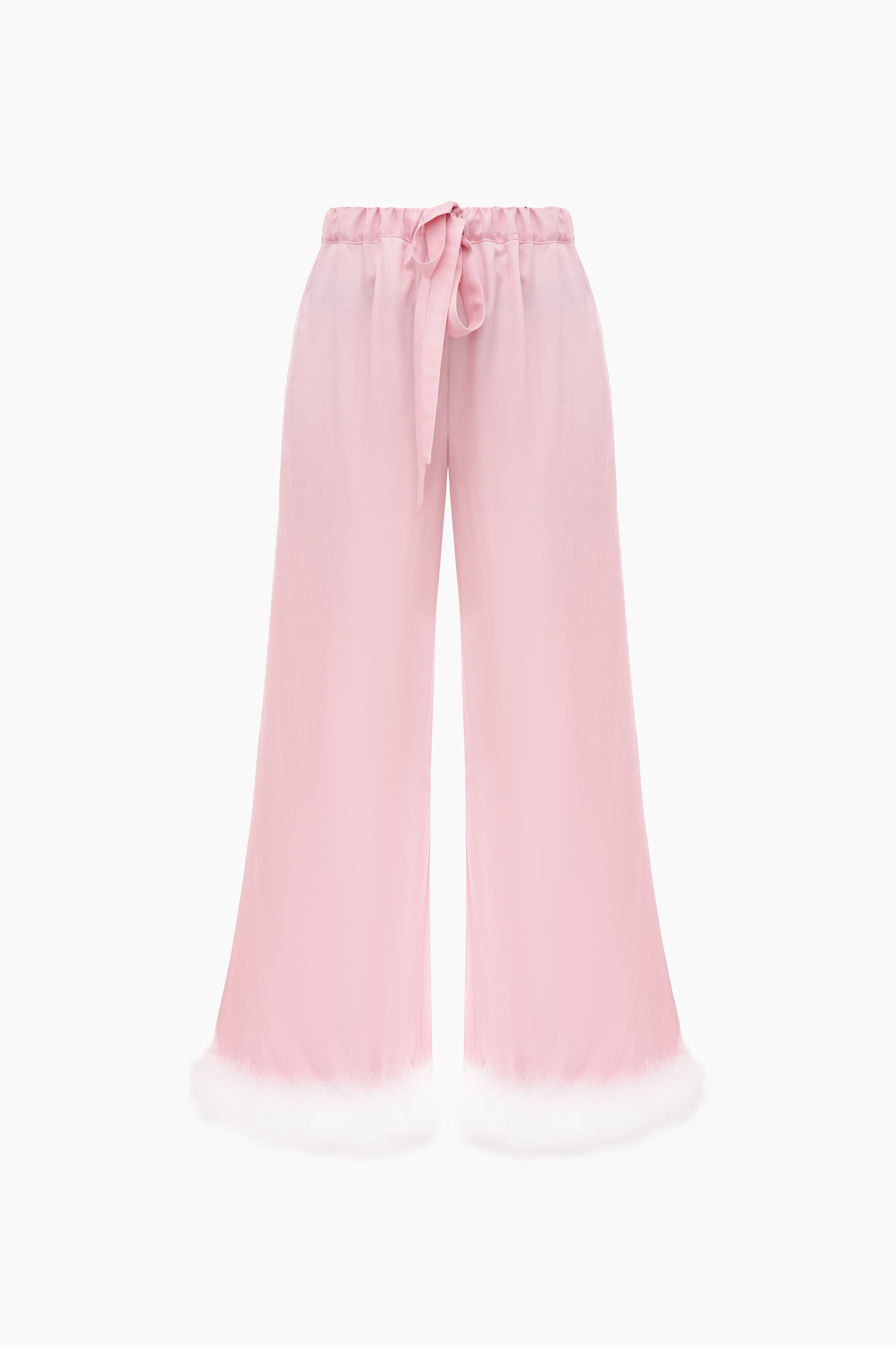 Pink pants with an elastic tie waist and white feather cuffs.