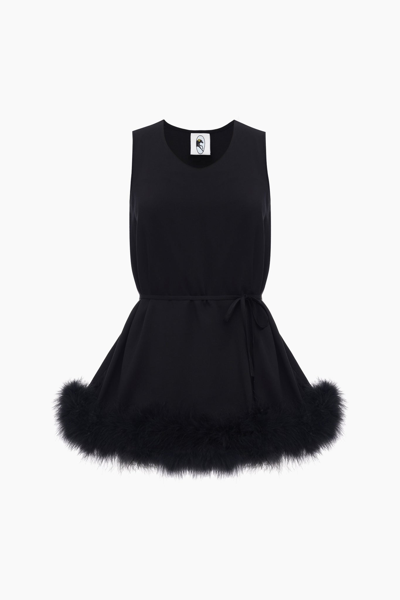 Black sleeveless top with feathered hem.