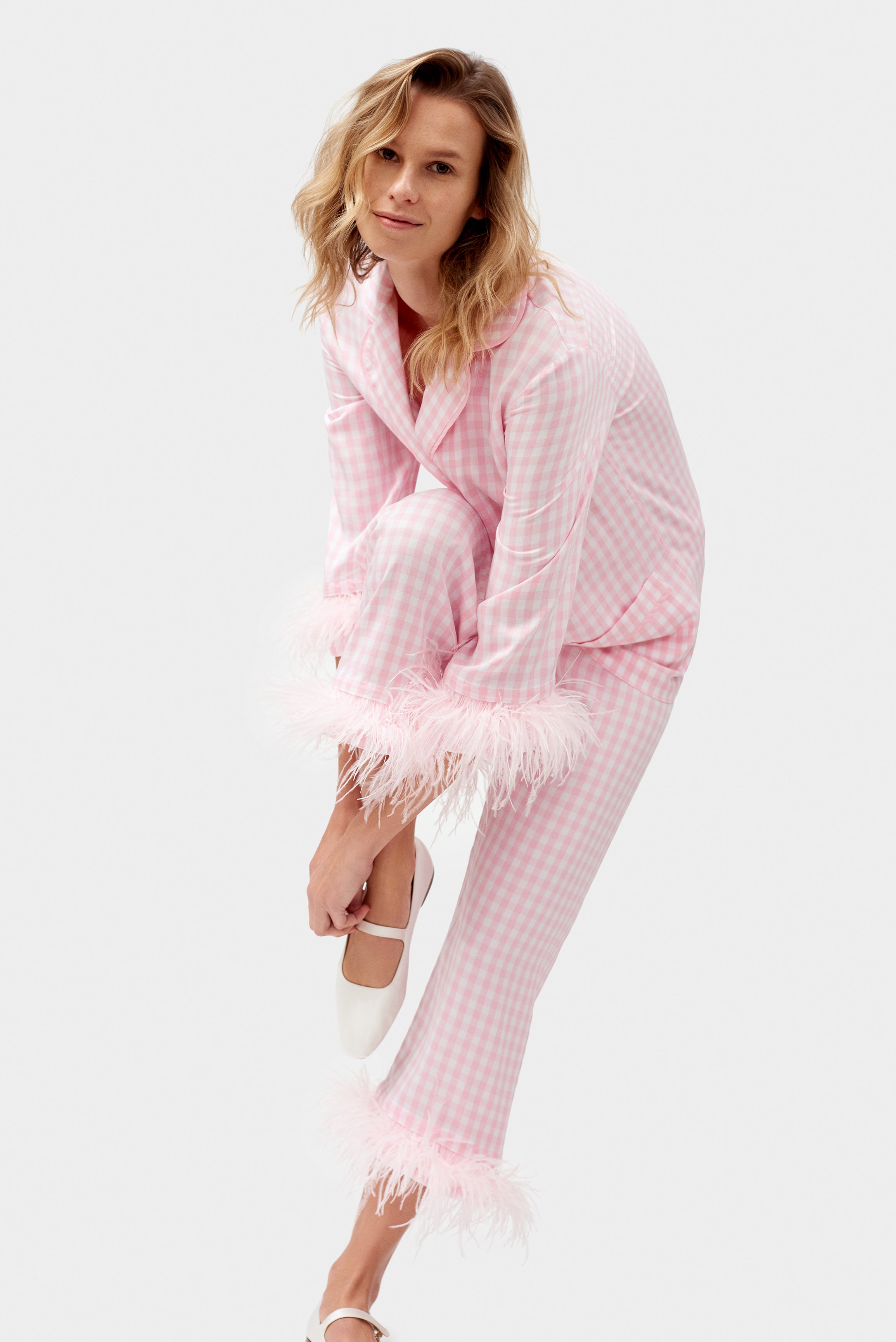 Party Pyjama Set with Double Feathers - Pink Vichy