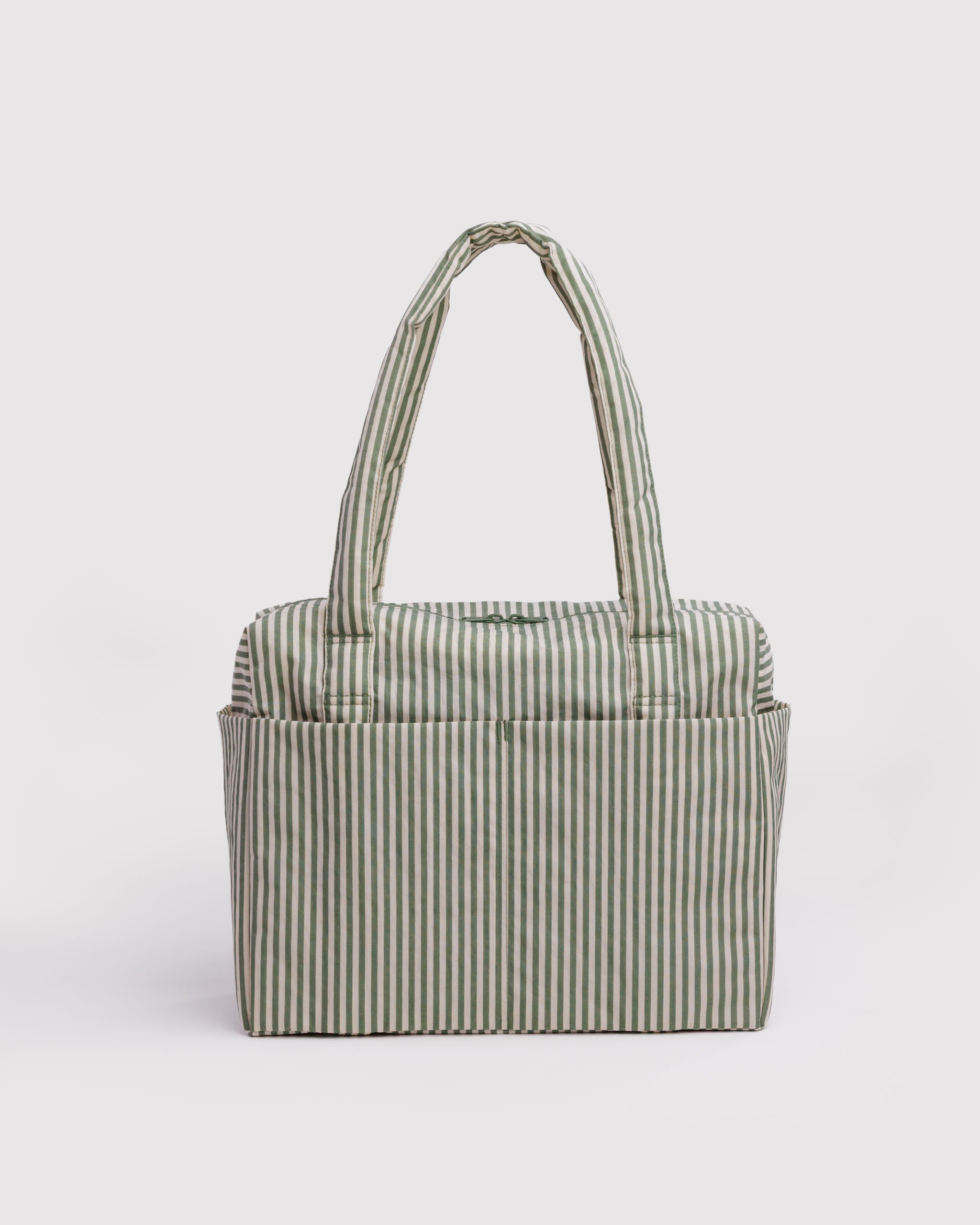 Green and cream striped duffle bag with double top zips, shoulder handles and external slip pockets