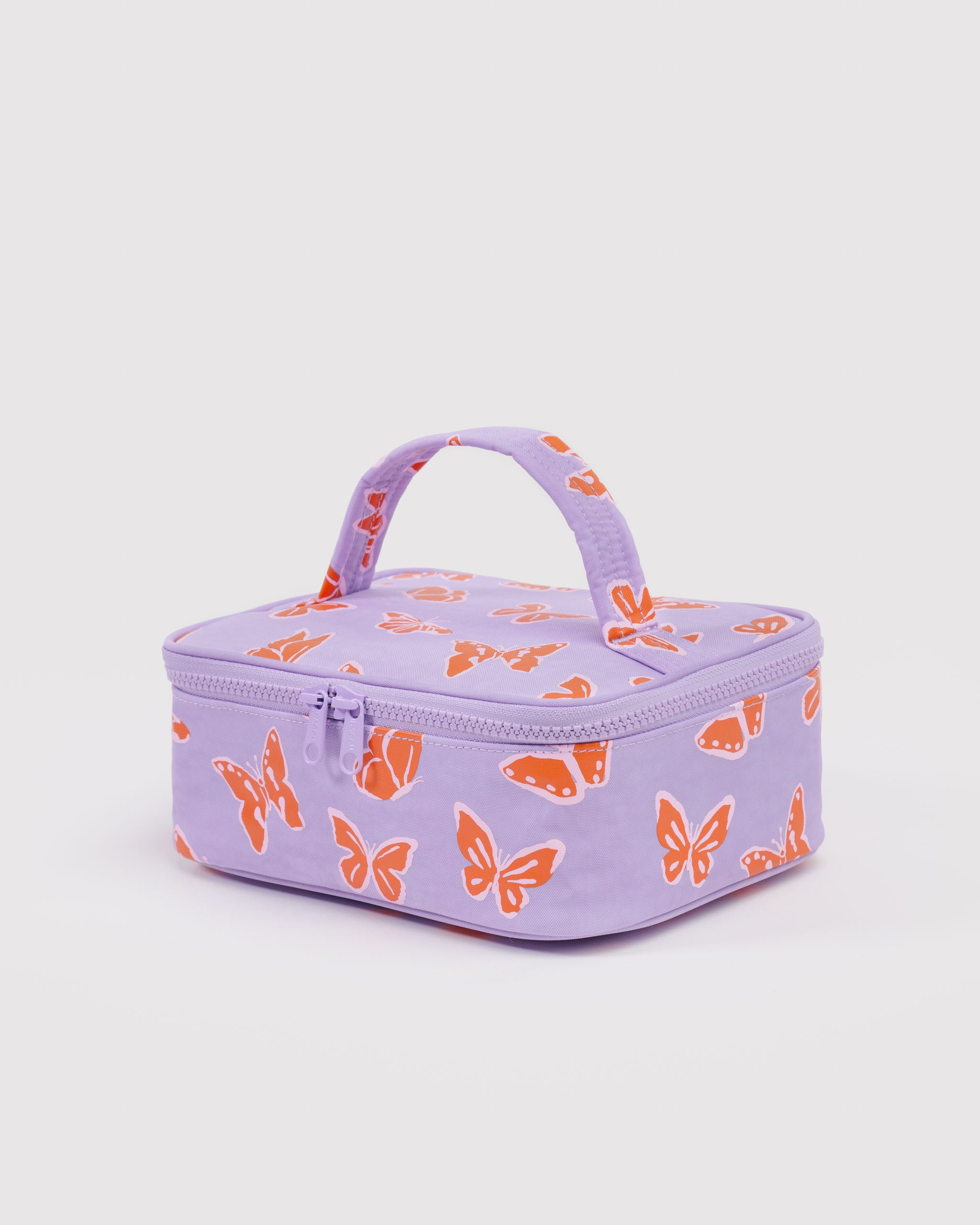 Purple cosmetic bag with orange butterfly pattern, carry handle and zip top.