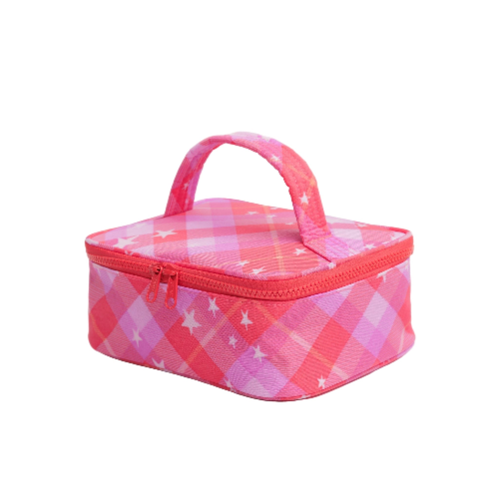Pink plaid print with stars cosmetic case with a handle and zip closure.