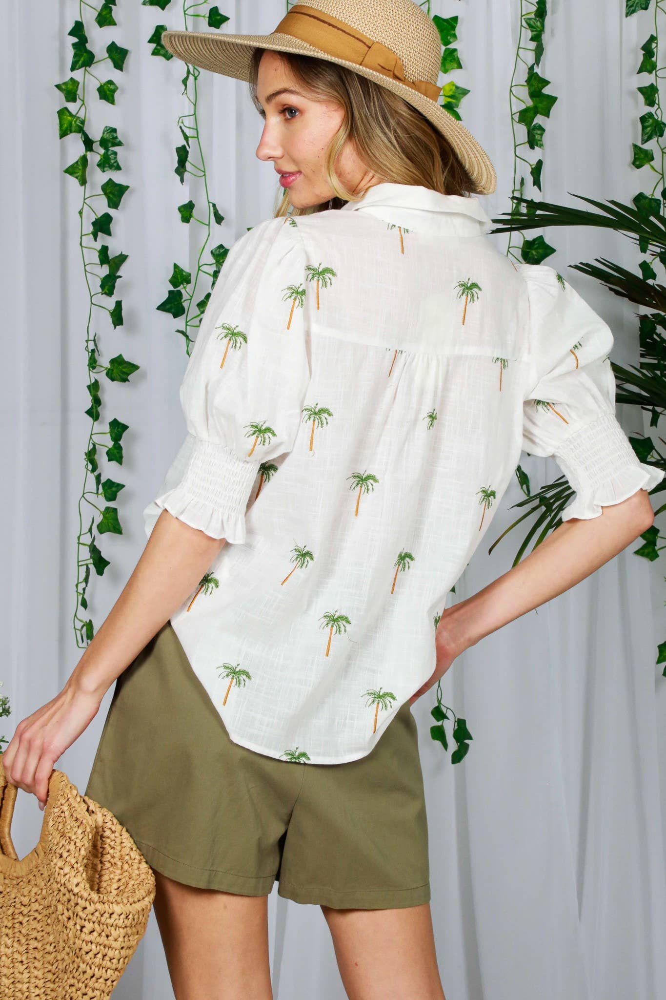 woman-wearing-Tropical-Palm-Tree-Embroidered-Cotton-Blouse-in-Off_White-back