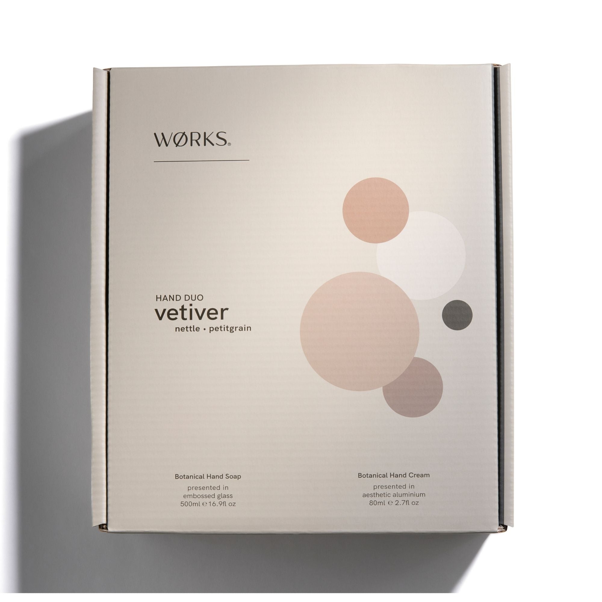 A grey box of Works hand care product packaging with circles design.