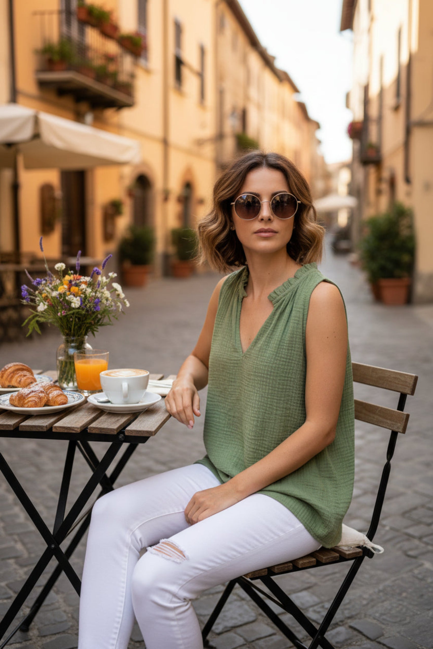 Woman wearing white jeans and a green Cotton Gauze Tank with split neckline and frill sitting at a table having brunch - ANNIE.G