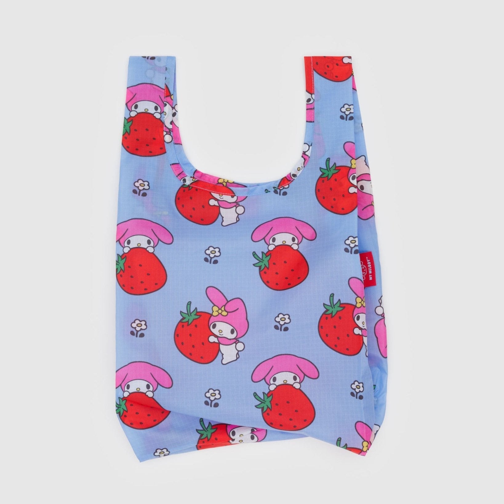 Blue reusable shopping bag with hello kitty my melody cartoon character and strawberry pattern.