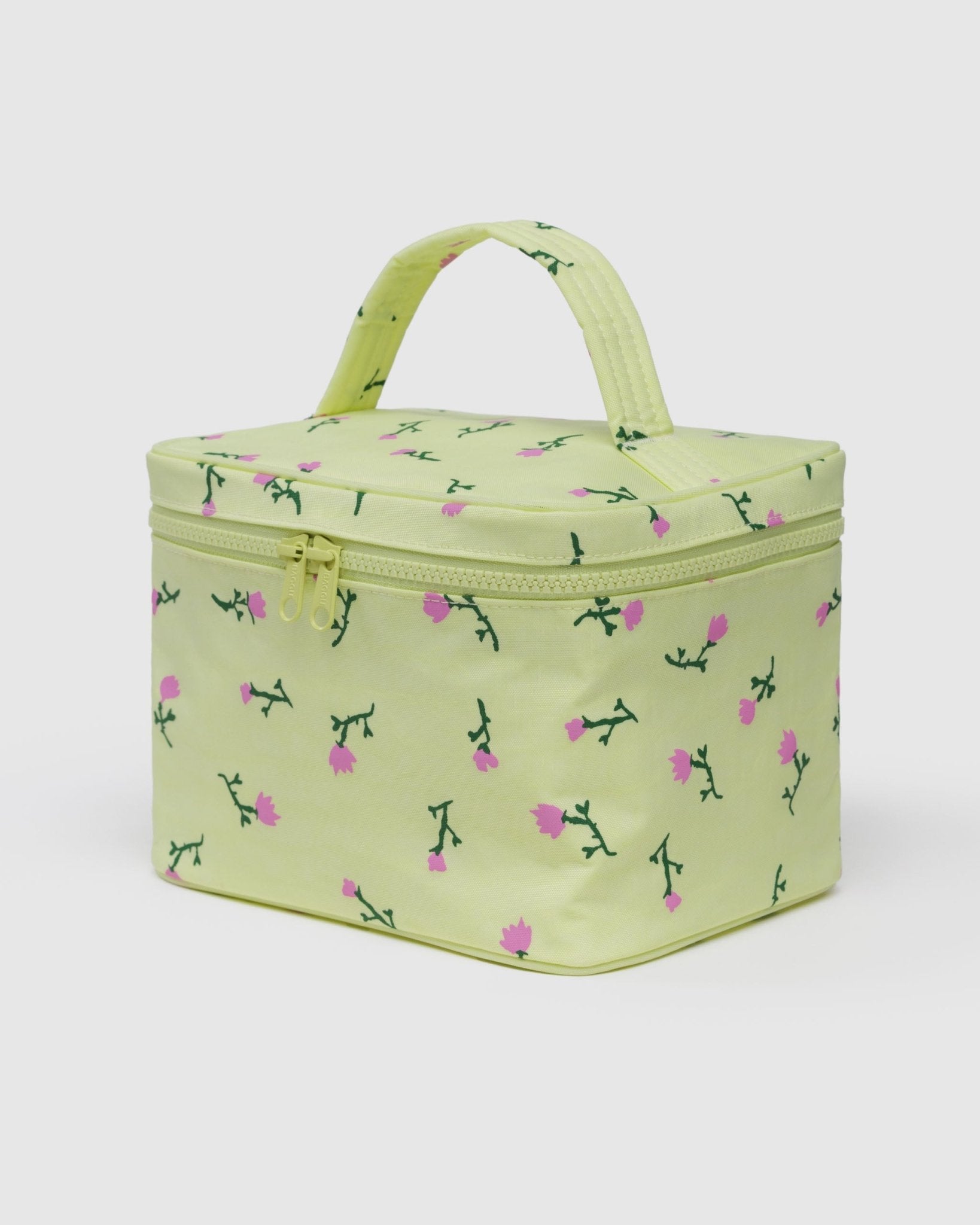 Large yellow cosmetic case with purple wildflower pattern and zip closure with carry handle on top