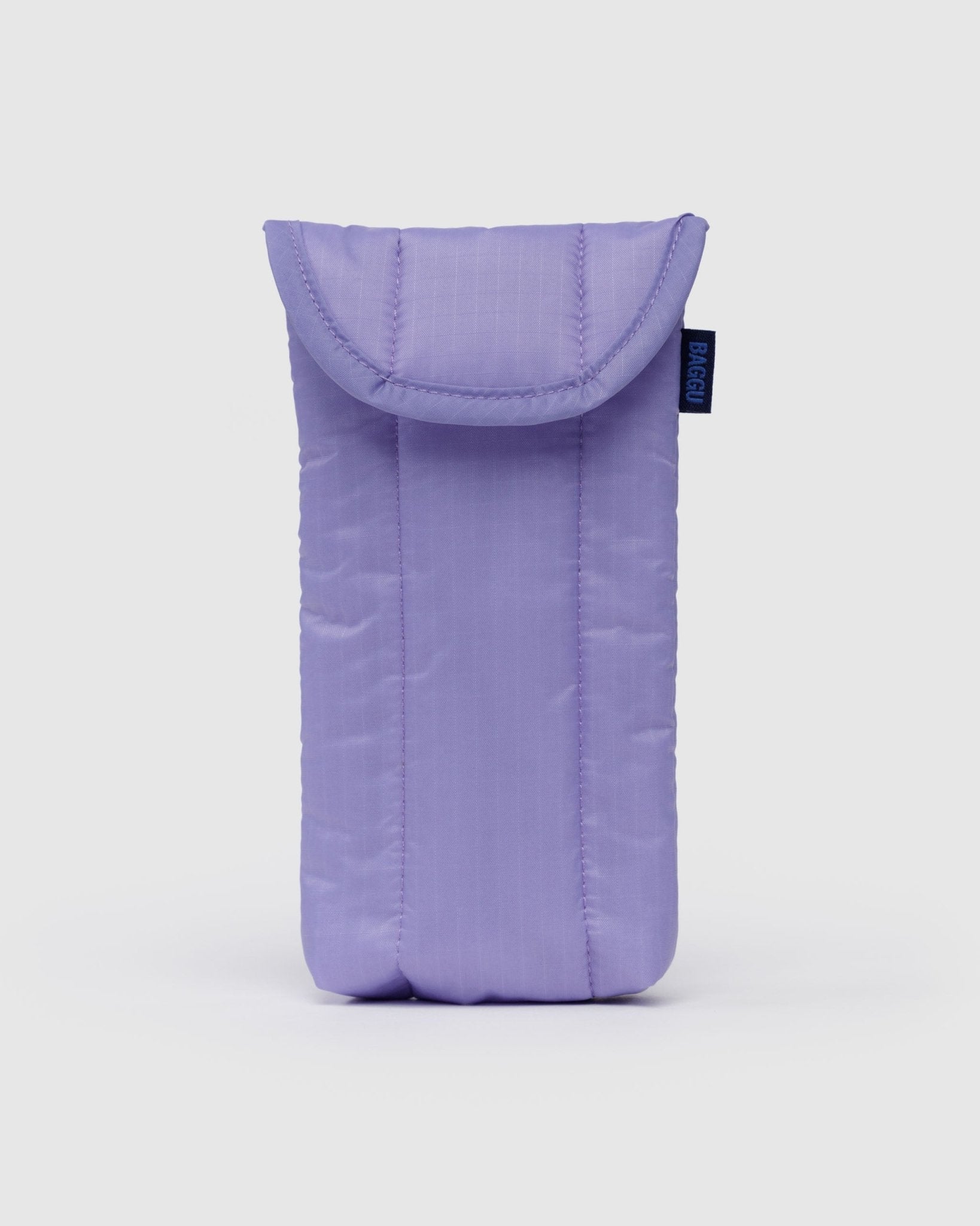 Quilted purple eyeglass case with a brand logo and magnetic closure