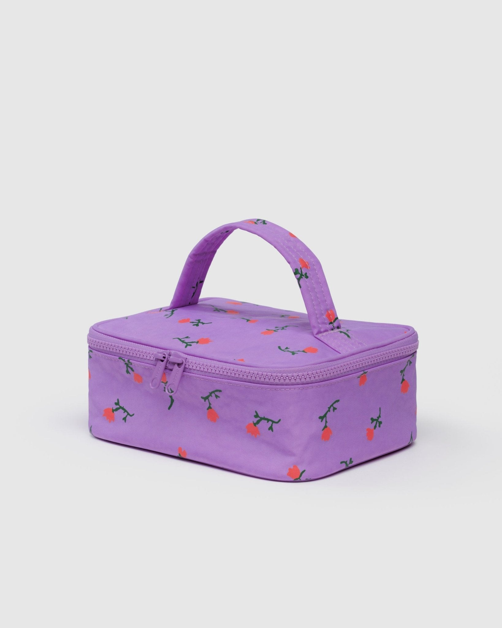 Small purple cosmetic bag with red wildflower pattern with top handle