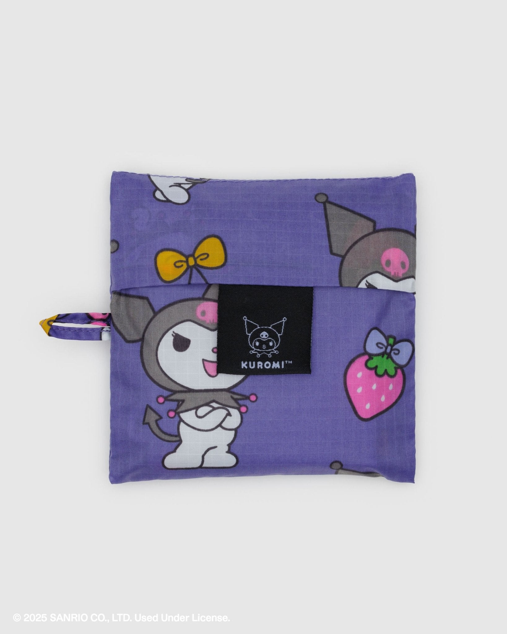 Purple pouch with white rabbit character with black devil tail and jester hat and 'Kuromi' branding and a side loop for keychain.