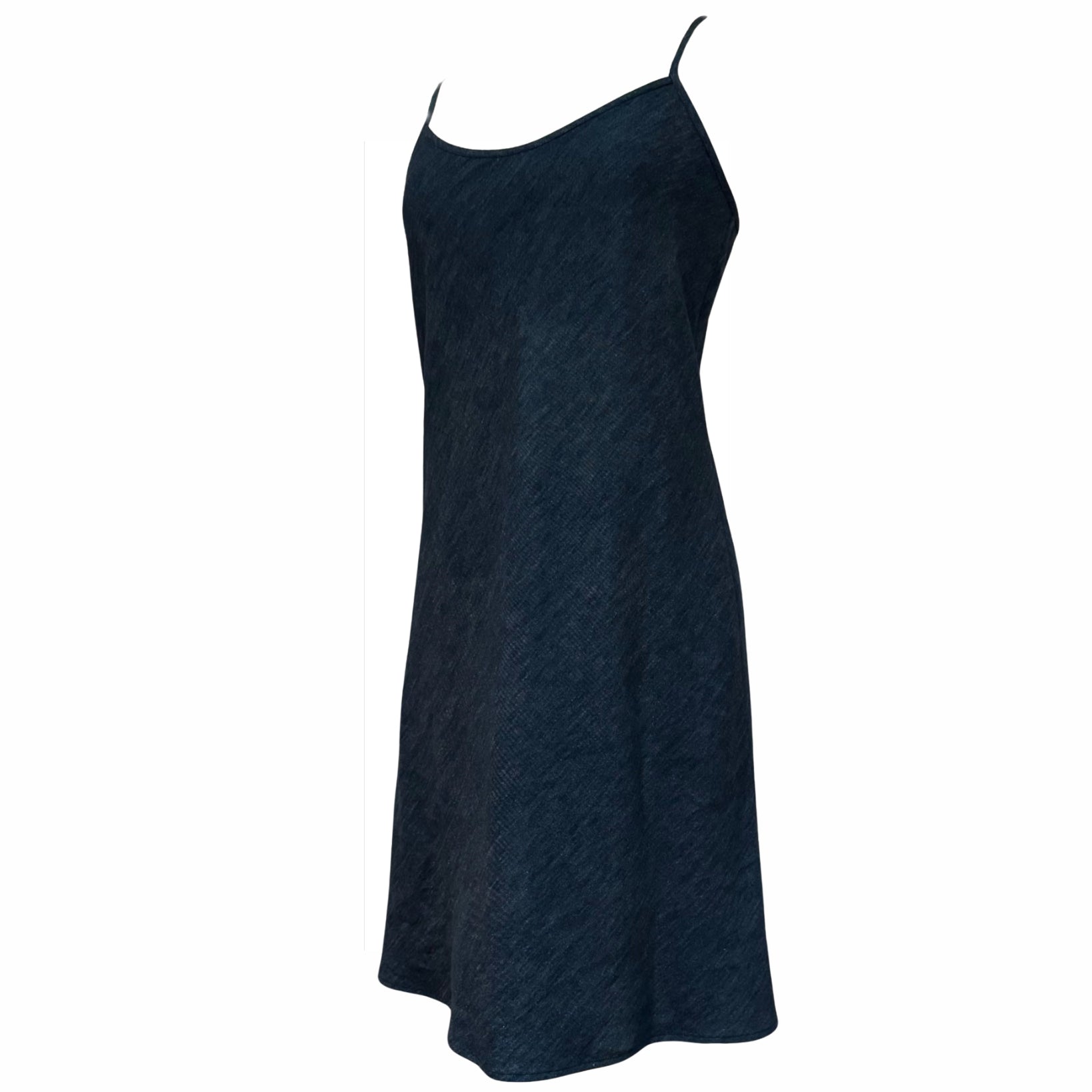 Blue denim mini slip dress.