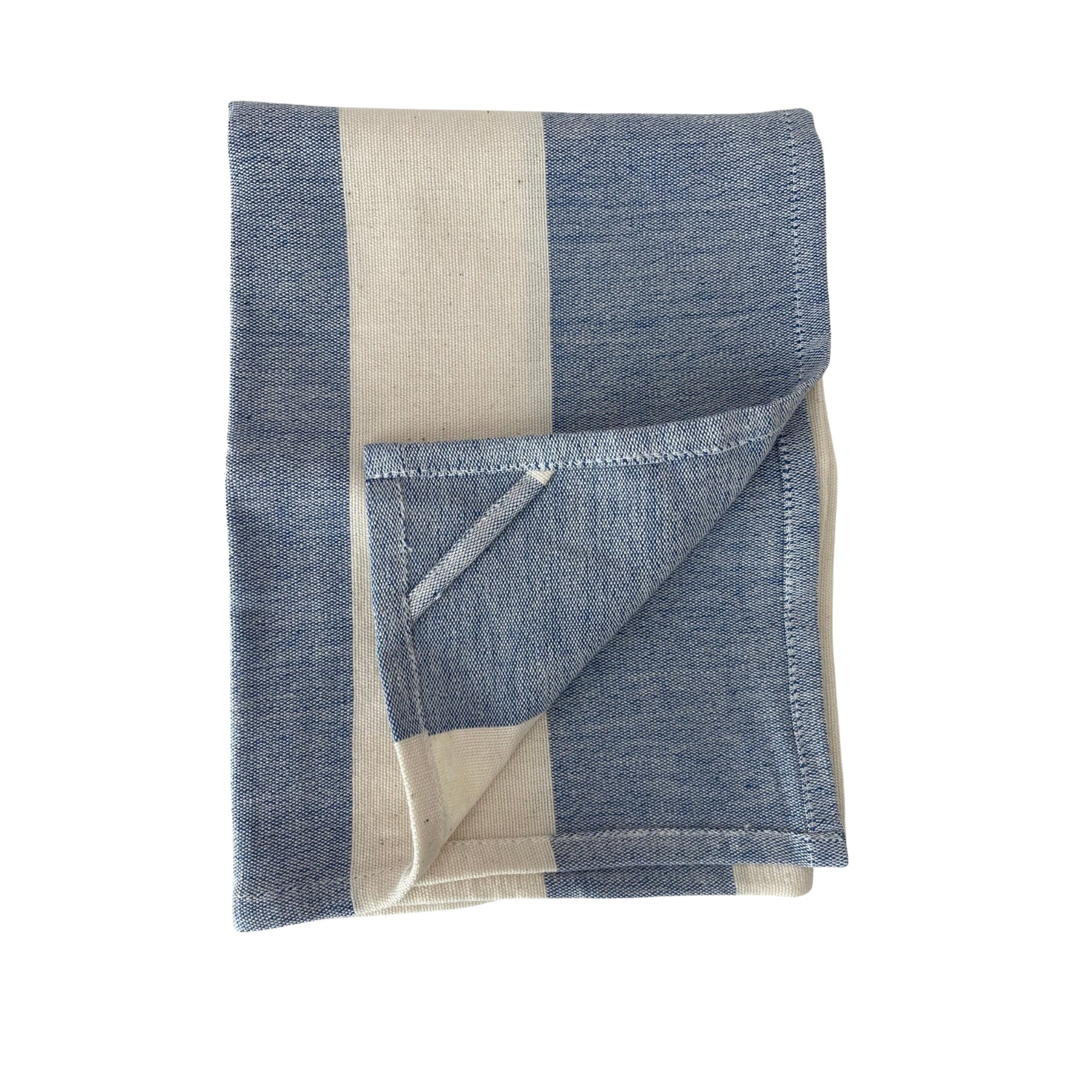 Folded blue and white wide stripe cotton tea towel with end turned up showing hanging loop.
