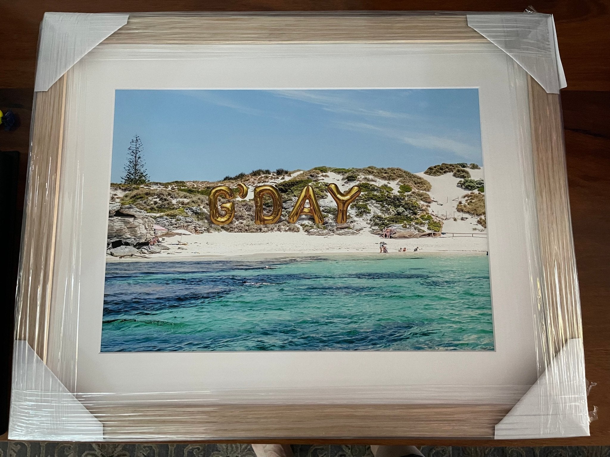 Gold G'DAY Balloon Artwork print framed with a white border and oak wood frame- Framed - ANNIE.G