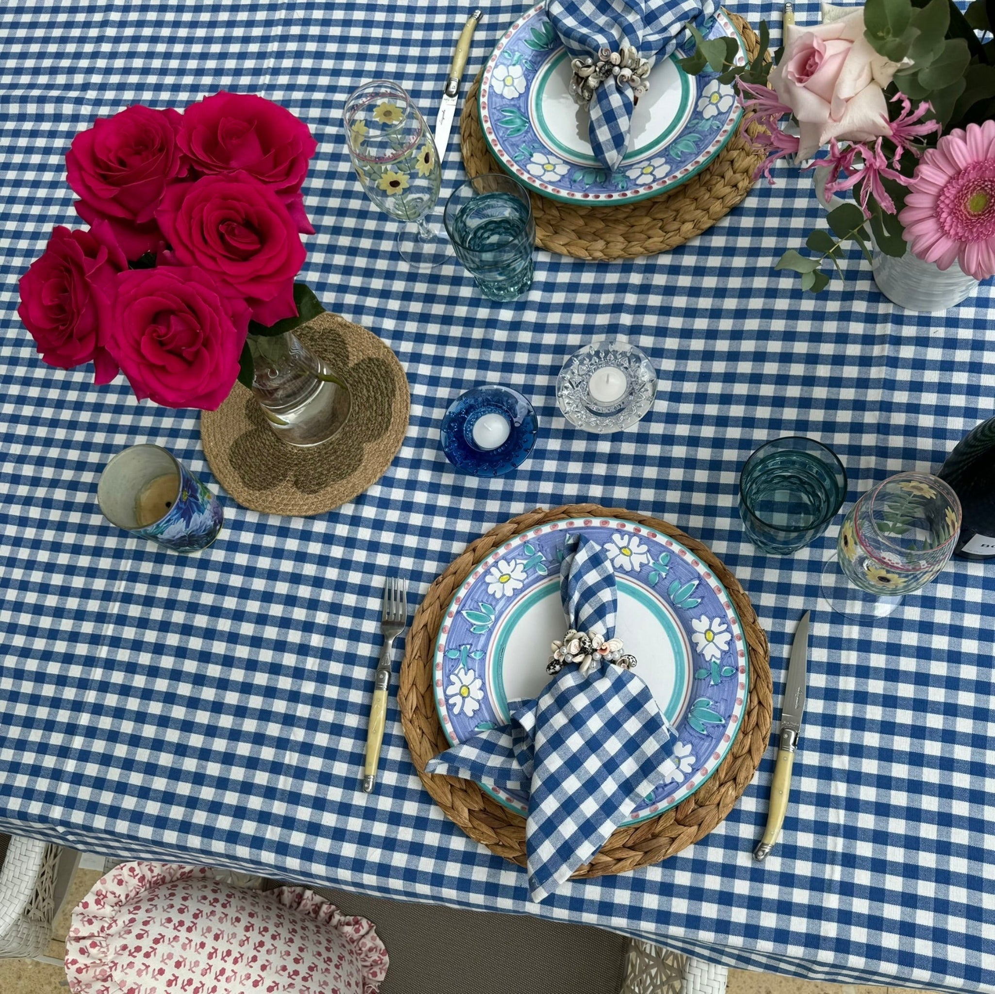 Royal blue and white checkered cotton Tablecloth on table with plates and flowers - ANNIE.G
