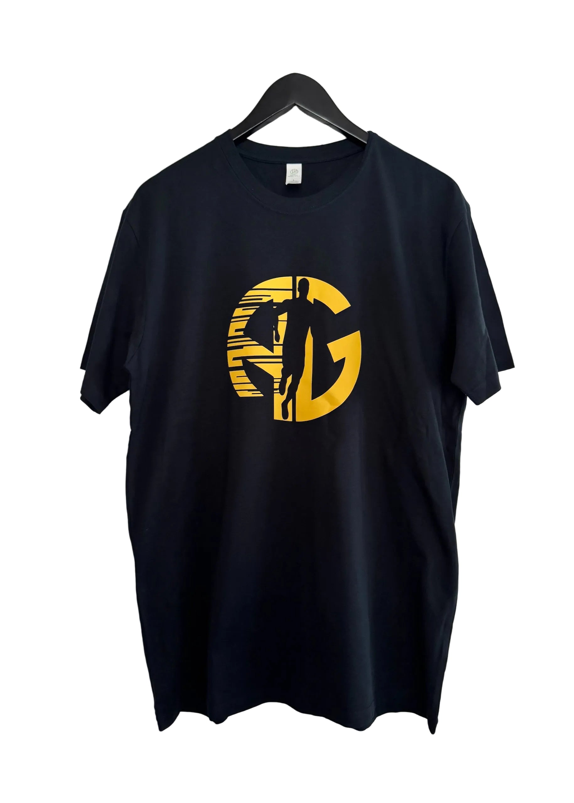 Navy t-shirt with yellow graphic design of a man running and 'AG' letters hanging on a black hanger.